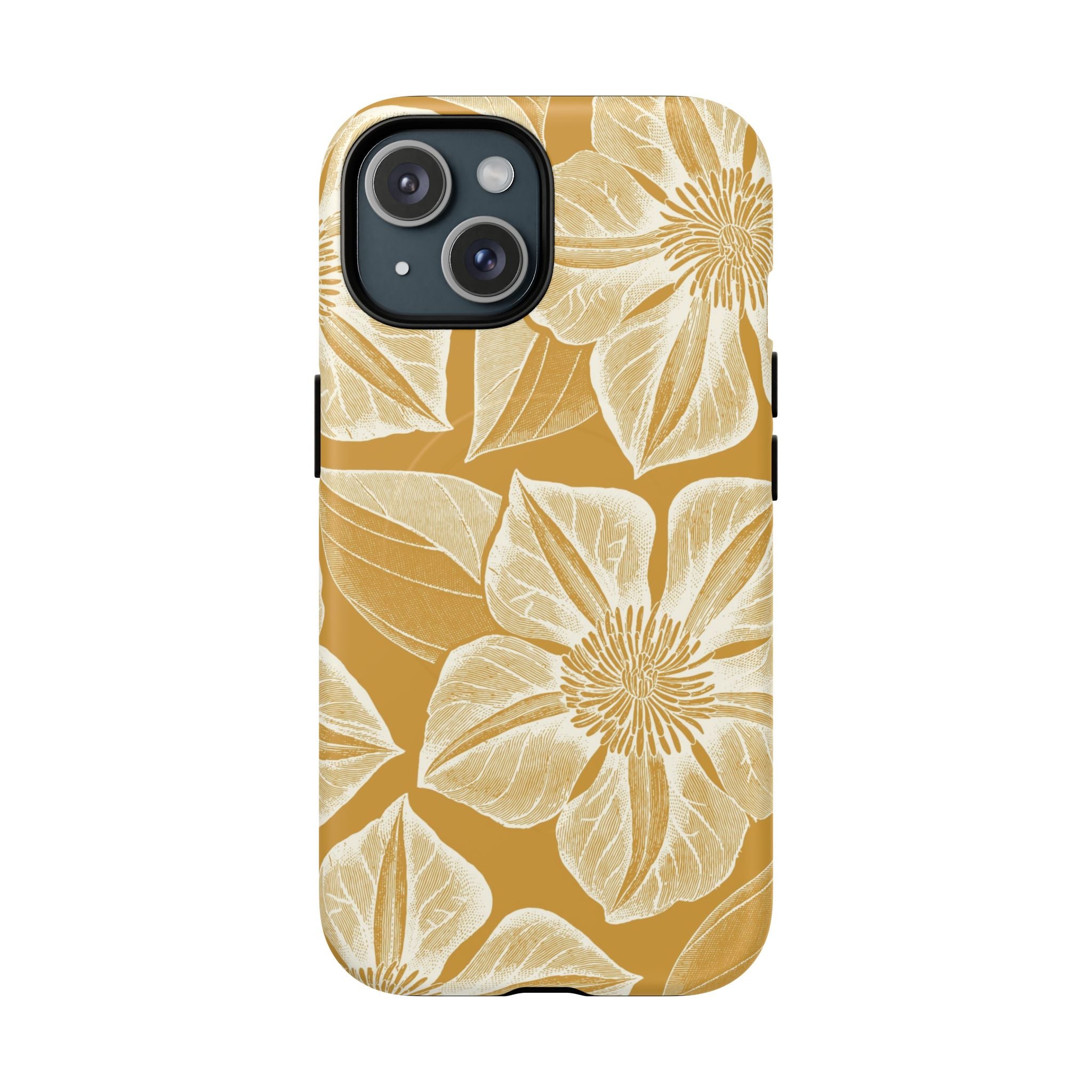 Vintage Bloom Gold MagSafe iPhone 15 Case – Matte | warm gold ground, large-scale cream clematis print, engraved petal detail, dual-layer protection