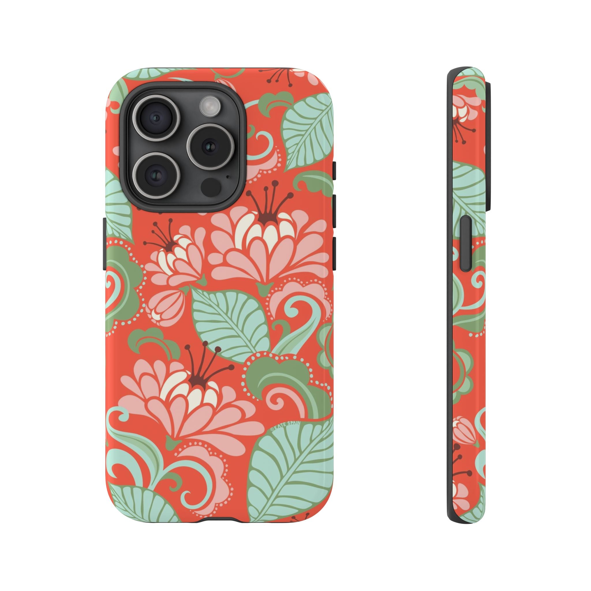 Sarabande Tough iPhone 15 Pro Case – Glossy | coral, pink, cream, green botanical floral print
