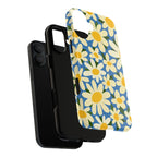Shasta Daisy MagSafe iPhone 17 Case – Dual-layered view of case and inner lining in front of phone, with view of camera cutout and buttons | blue, cream, yellow daisy floral print