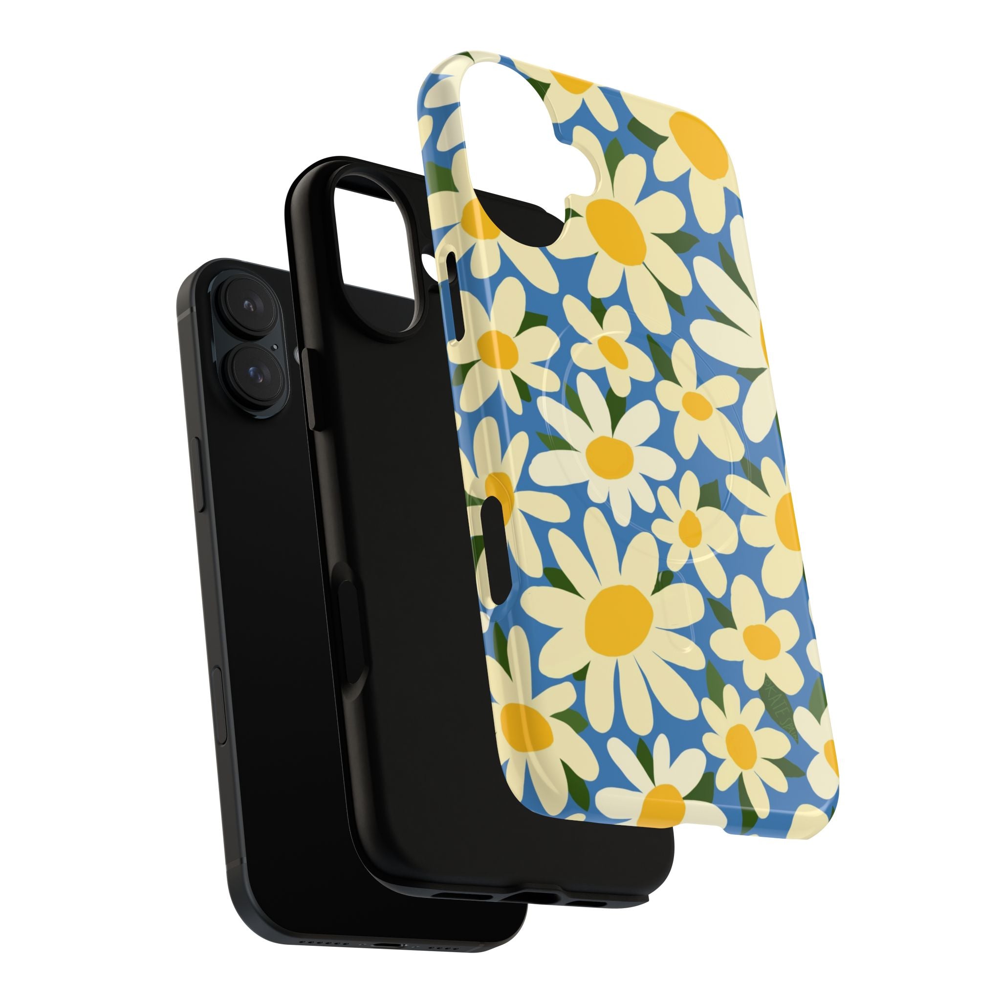 Shasta Daisy MagSafe iPhone 17 Case – Dual-layered view of case and inner lining in front of phone, with view of camera cutout and buttons | blue, cream, yellow daisy floral print