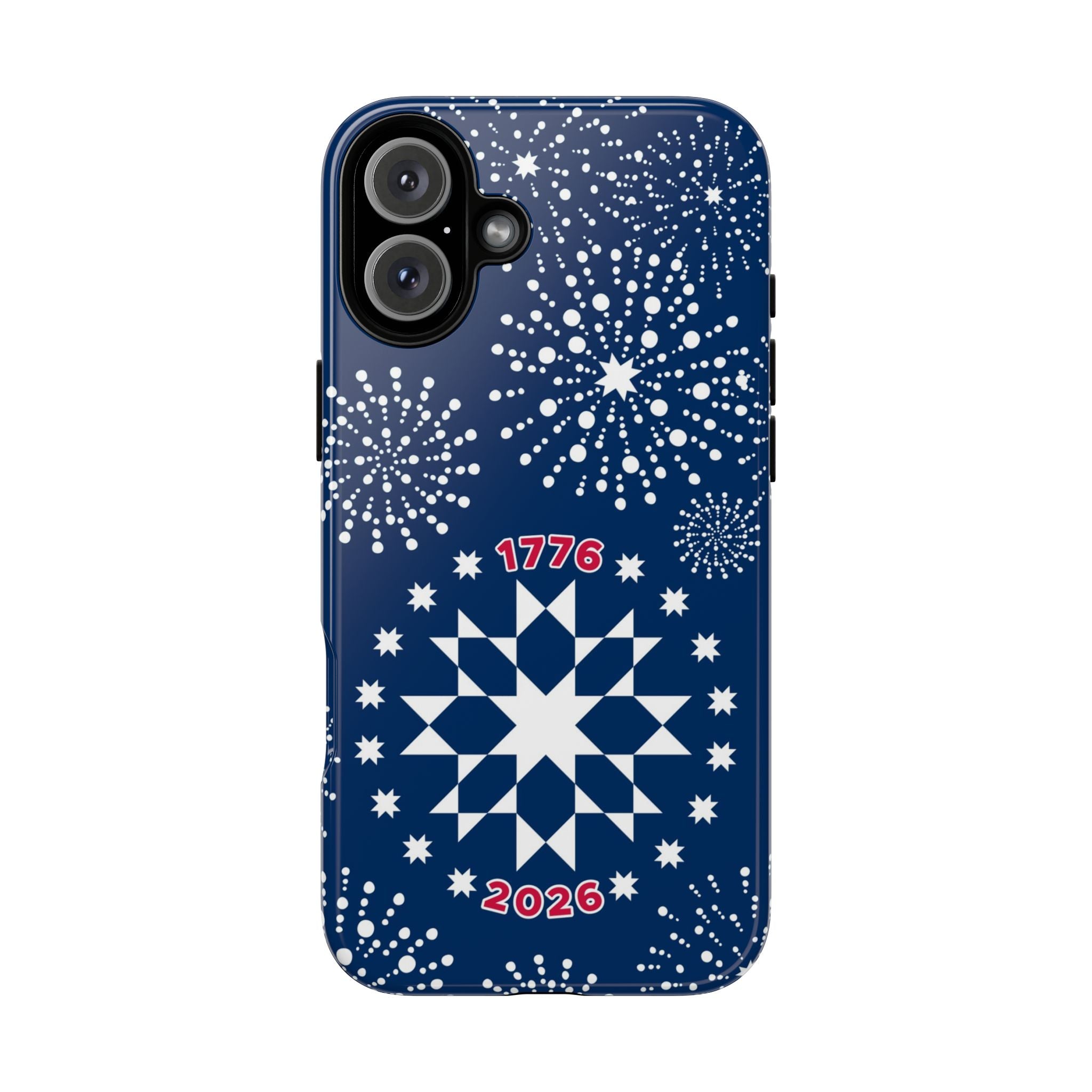 250th Fireworks Tough iPhone 16 Plus Case – Glossy | navy, white patriotic star quilt fireworks print
