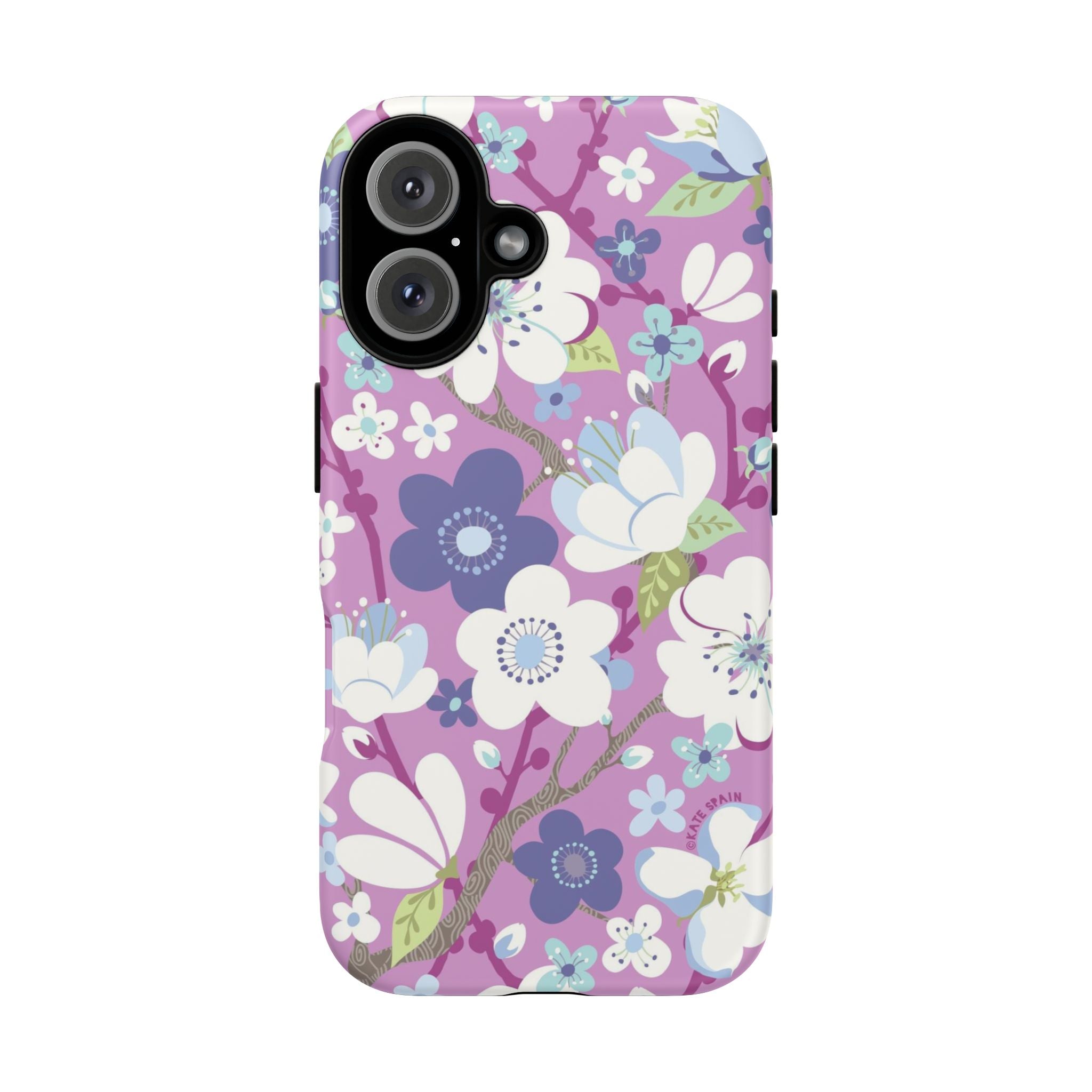 Luxury Cherry Blossom Tough iPhone 16 Plus Case – Glossy | mauve, purple, blue, white cherry blossom print