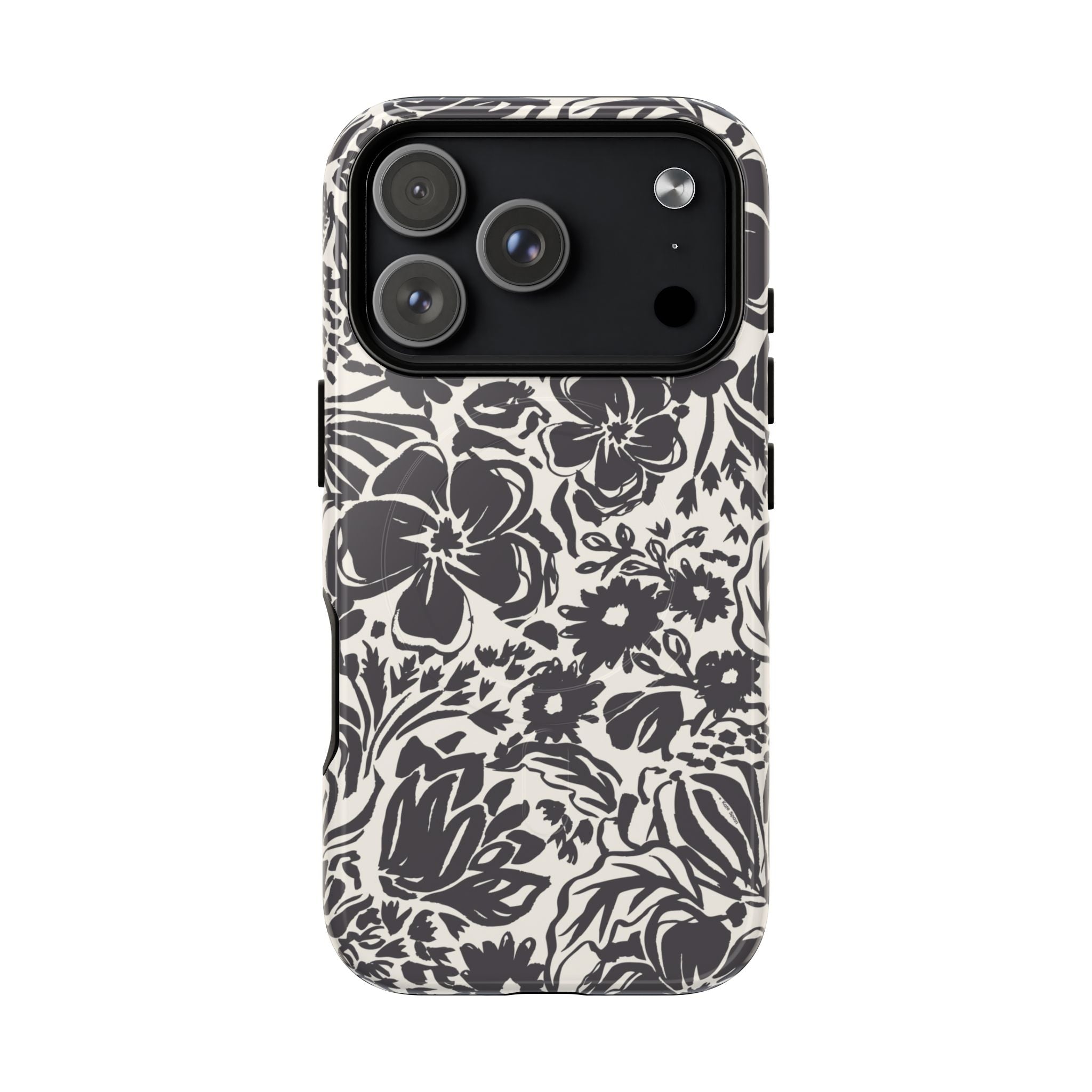 Rhapsody Black MagSafe iPhone 17 Pro Glossy case — bold charcoal floral print on cream by Kate Spain