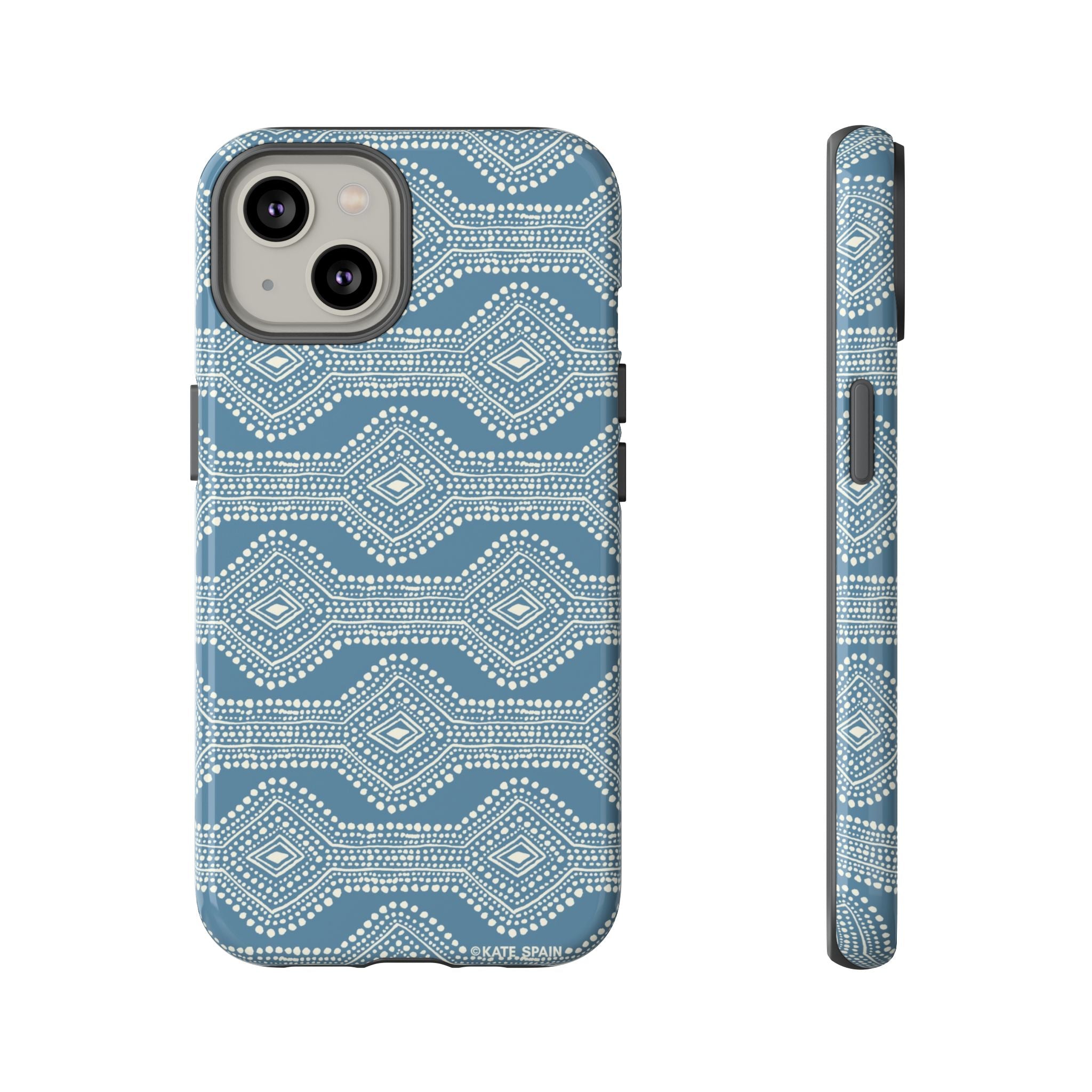Diamond Dots Tough iPhone 14 Case – Glossy | steel blue, white diamond dot geometric print