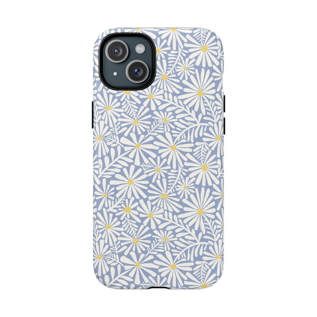 Montauk Daisy Cottage Blue MagSafe iPhone 15 Plus Case – Matte | periwinkle blue, white graphic daisy and fern print, golden yellow centers MagSafe compatible, dual-layer protection