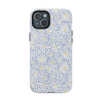 Montauk Daisy Cottage Blue MagSafe iPhone 15 Plus Case – Matte | periwinkle blue, white graphic daisy and fern print, golden yellow centers MagSafe compatible, dual-layer protection
