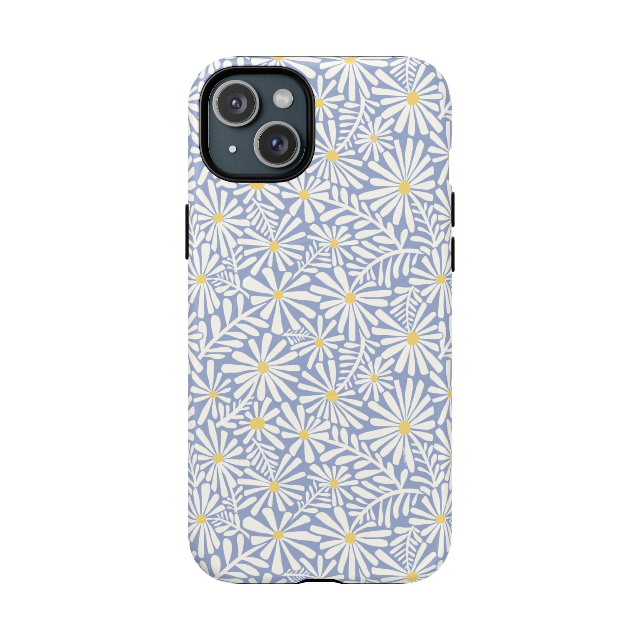 Montauk Daisy Cottage Blue MagSafe iPhone 15 Plus Case – Matte | periwinkle blue, white graphic daisy and fern print, golden yellow centers MagSafe compatible, dual-layer protection