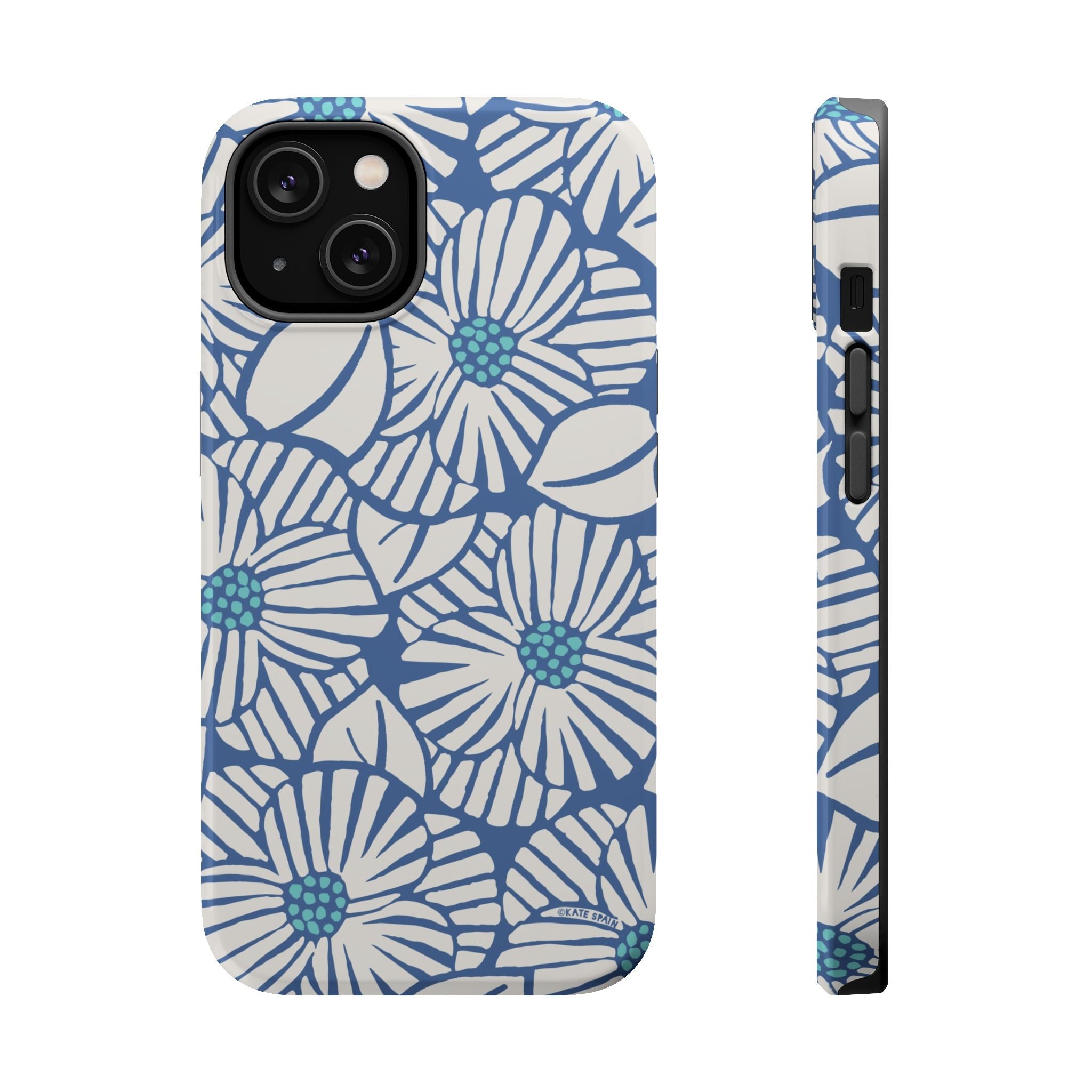 Calendula MagSafe iPhone 14 Case – Matte | slate blue, cream, teal kimono botanical print