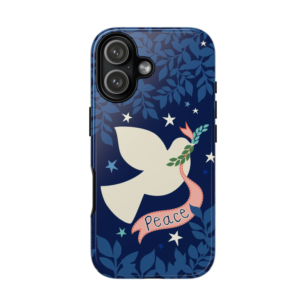 Peace Tough iPhone 17 Case – Glossy | navy, cream peace dove, stars, botanical print