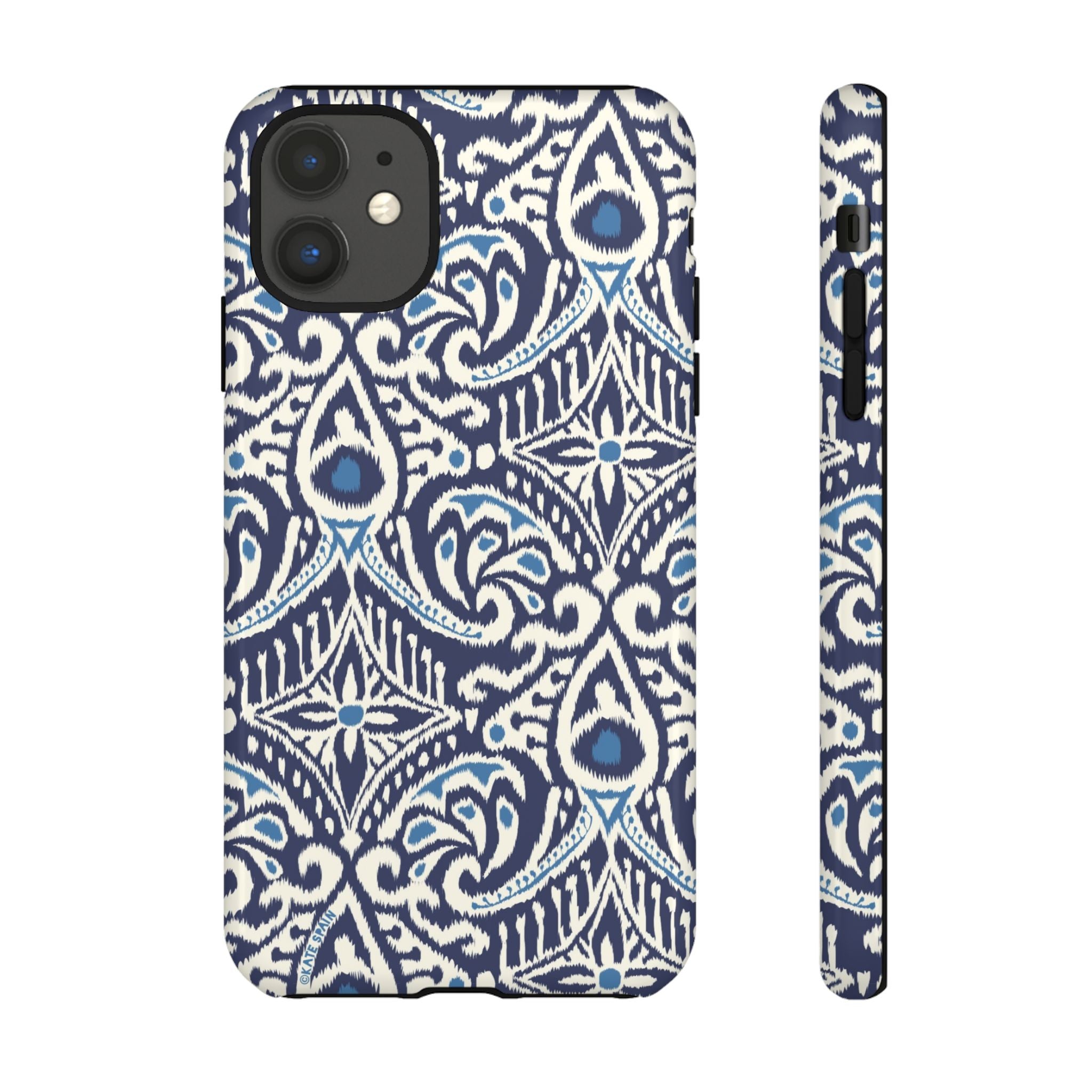 Ikat Tough iPhone 11 Case – Glossy | navy, cream, blue ikat medallion print