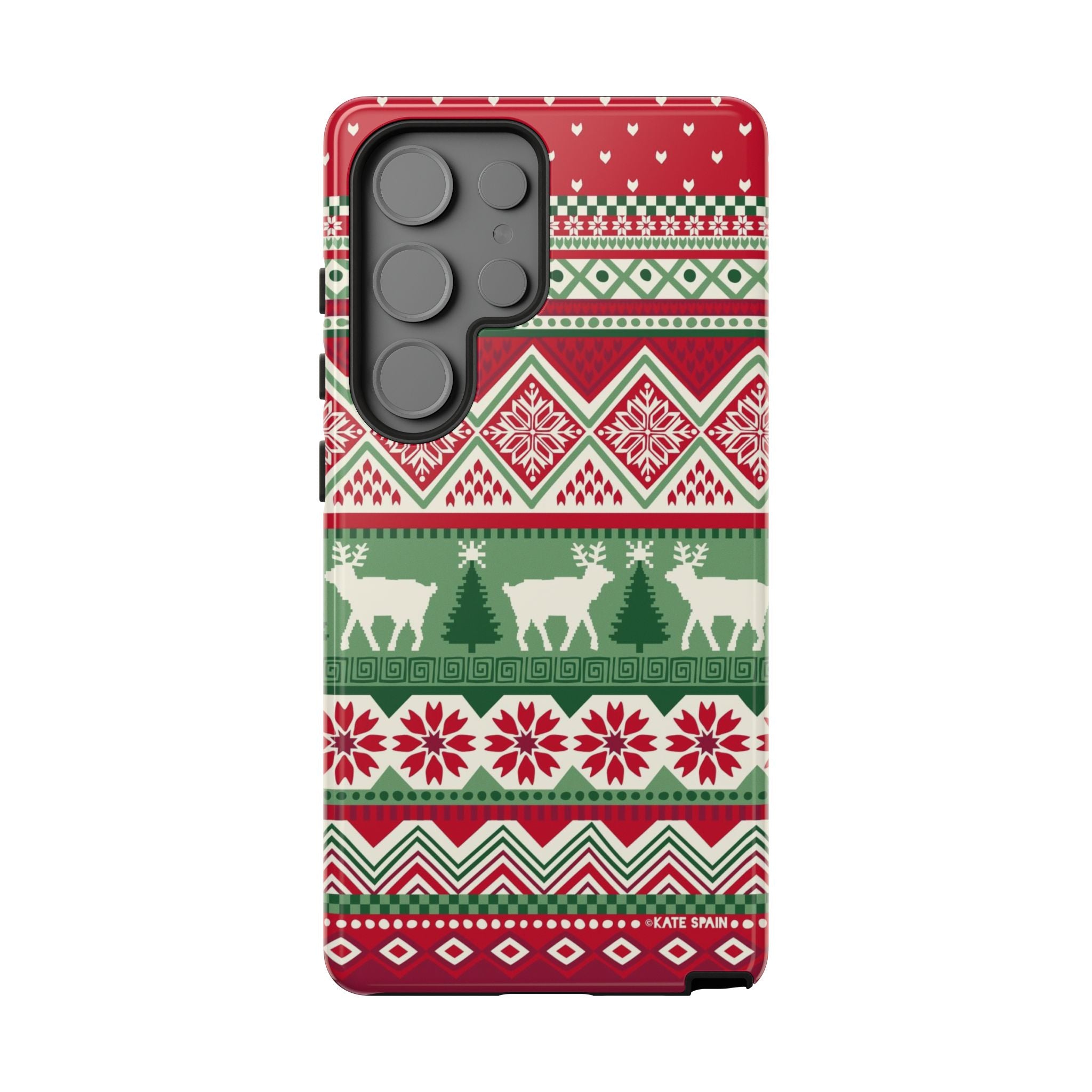 Luxury Telemark Samsung Galaxy S25 Ultra Case – Glossy | red, green, cream Nordic fair isle reindeer print