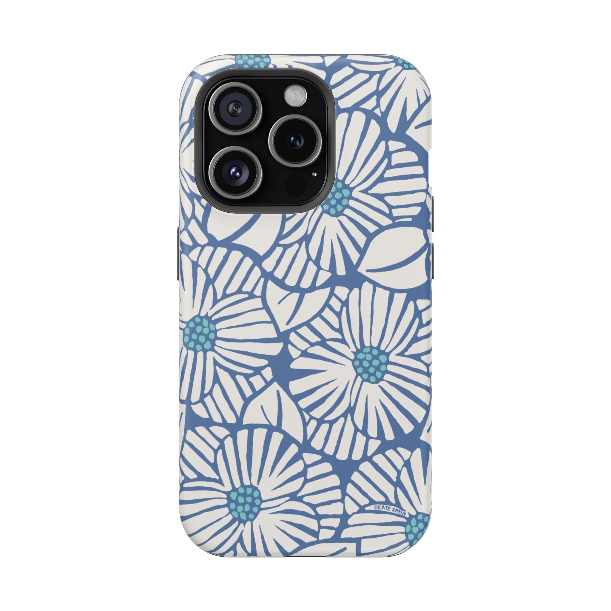 Calendula MagSafe iPhone 15 Plus Case – Glossy | slate blue, cream, teal kimono botanical print