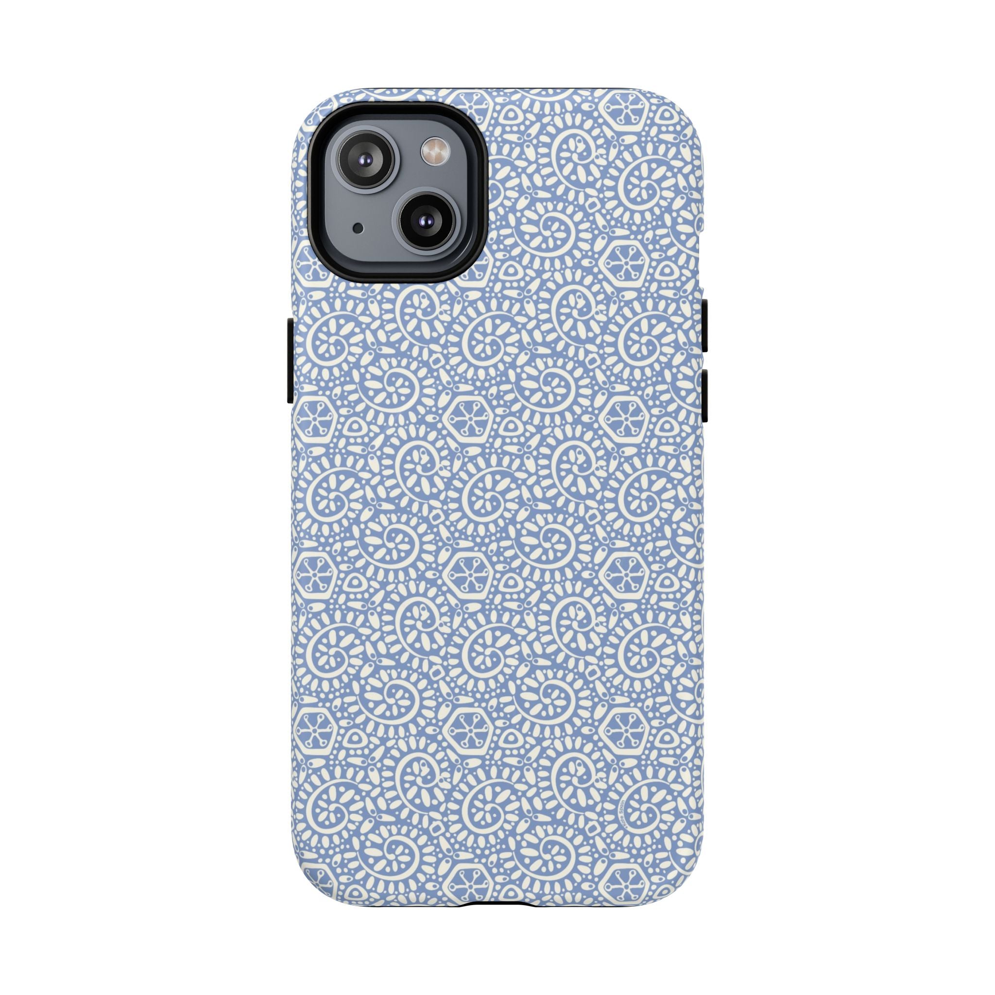 Canto Swirls Mist MagSafe iPhone 14 Plus Matte Case — periwinkle blue hard case covered in an intricate folk-art medallion pattern of radiating white circular motifs, dot clusters, and geometric centers