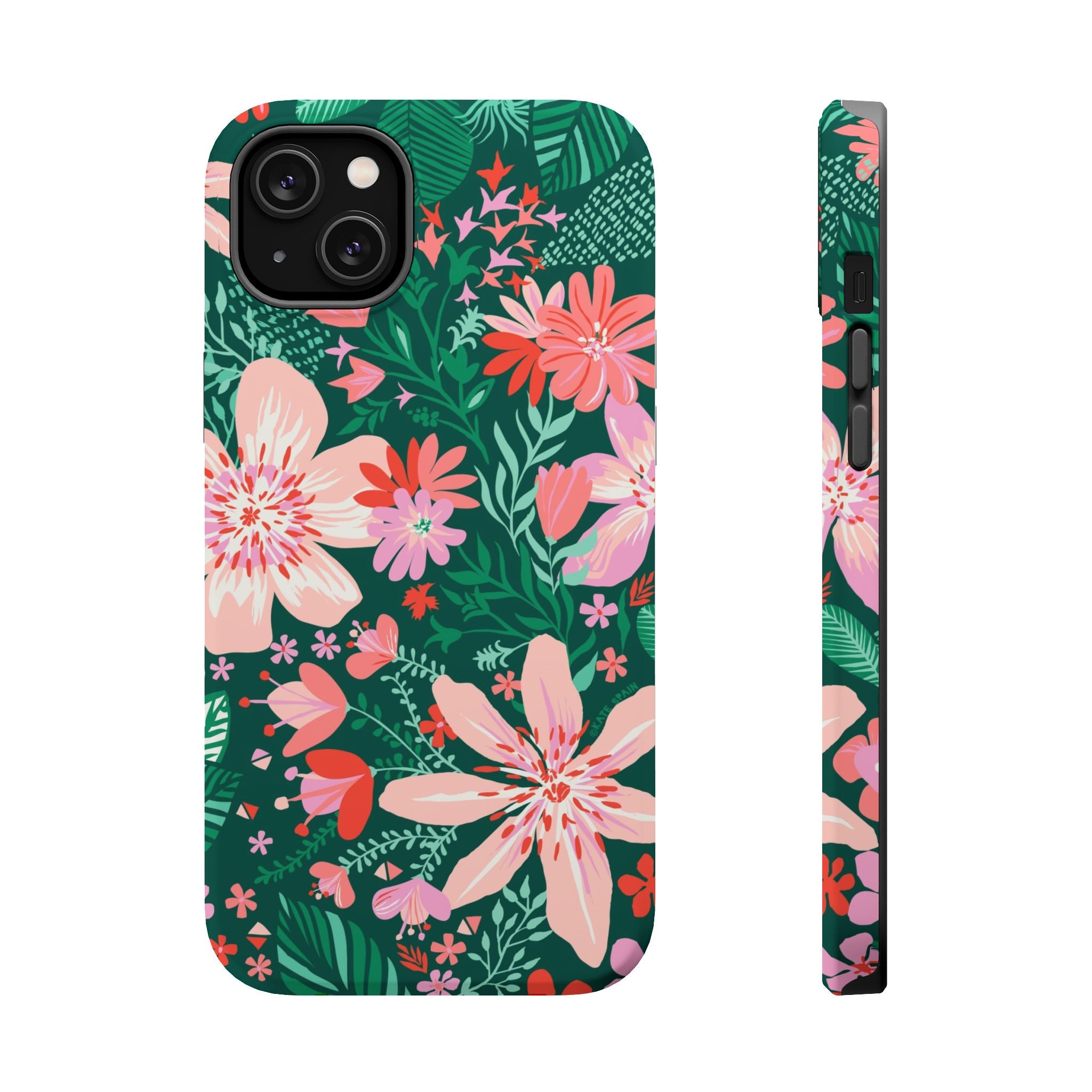 Bonaire MagSafe iPhone 14 Plus Case – Matte | forest green, blush, coral tropical floral print