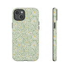 Montauk Daisy Meadow Green iPhone 15 Plus Case – Matte | sage green, white graphic daisy and fern print, golden yellow centers | dual-layer protection