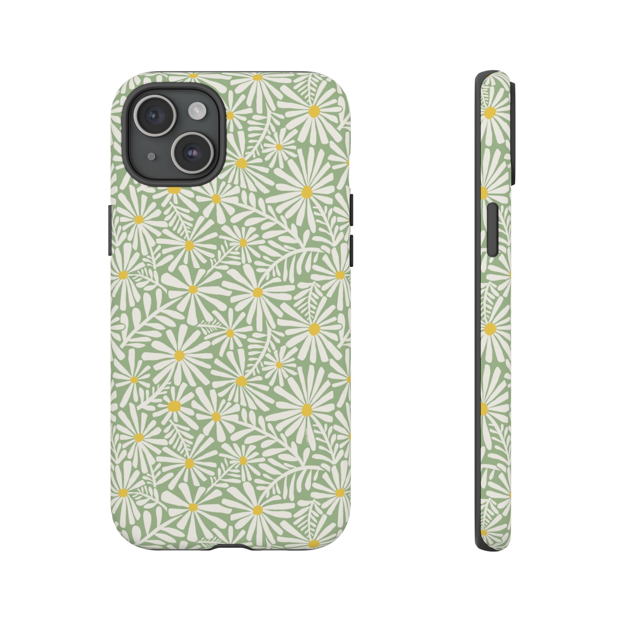 Montauk Daisy Meadow Green iPhone 15 Plus Case – Matte | sage green, white graphic daisy and fern print, golden yellow centers | dual-layer protection