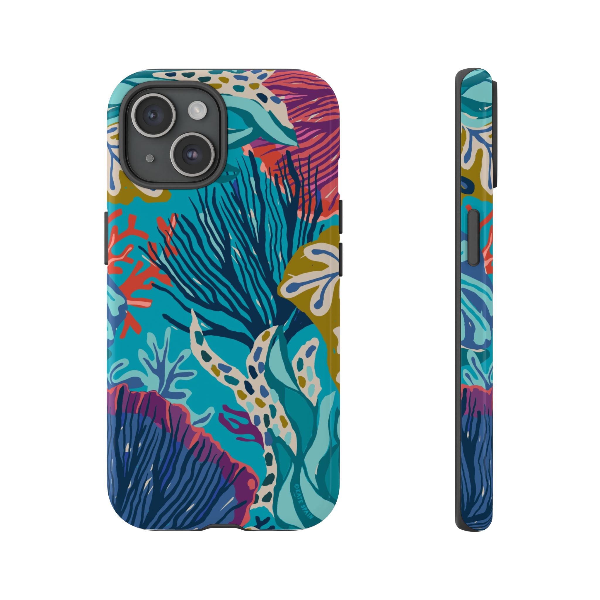 Reef Tough iPhone 15 Case – Glossy | teal, coral, navy, purple botanical coral reef print
