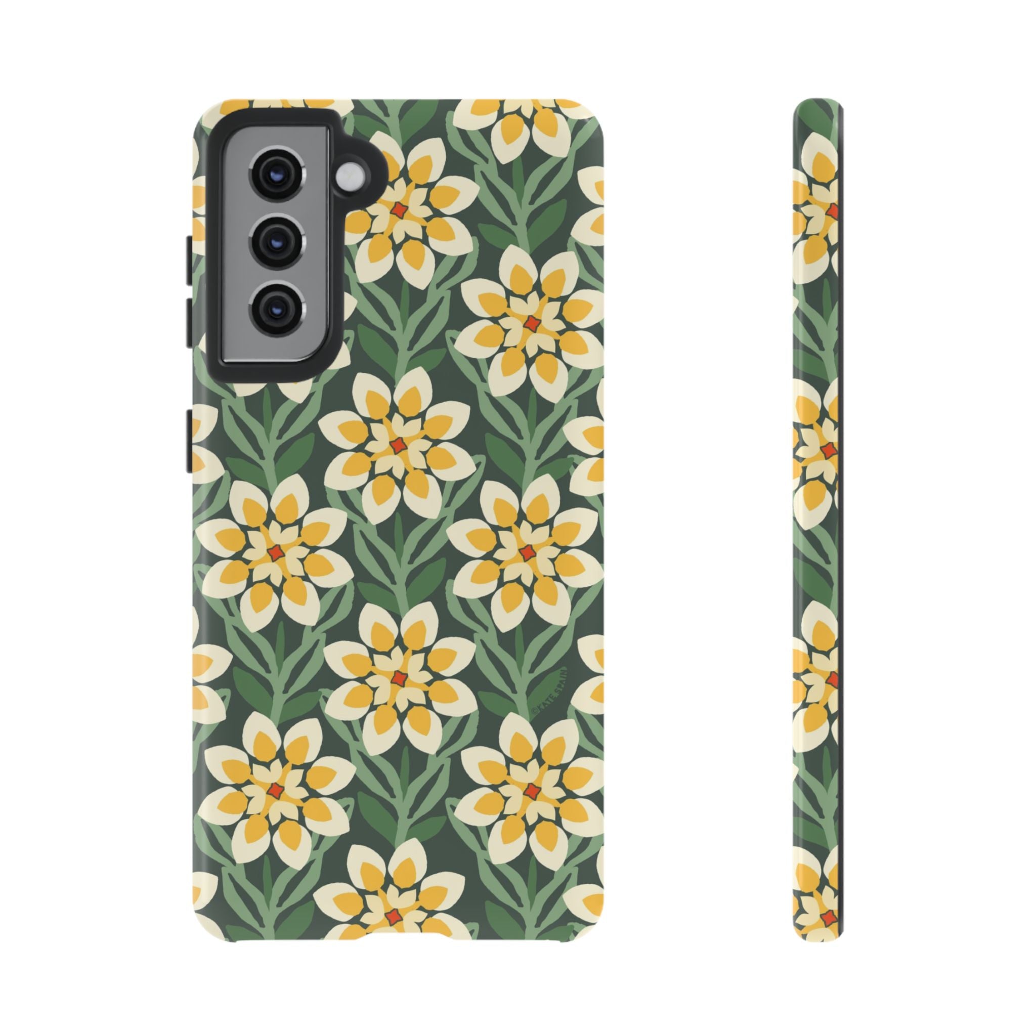 Luxury Modern Dahlia Samsung Galaxy S21 Case – Glossy | forest green, yellow, cream modern dahlia print
