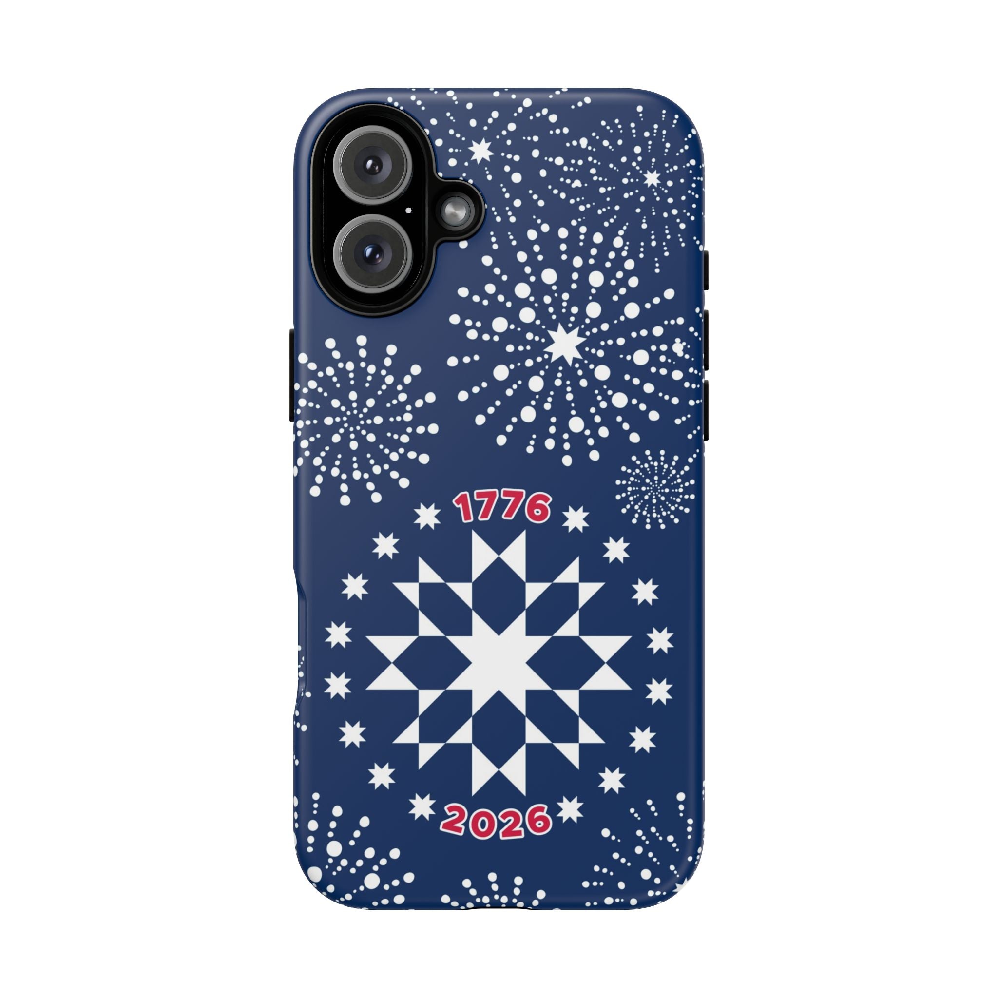 250th Fireworks Tough iPhone 16 Plus Case – Matte | navy, white patriotic star quilt fireworks print