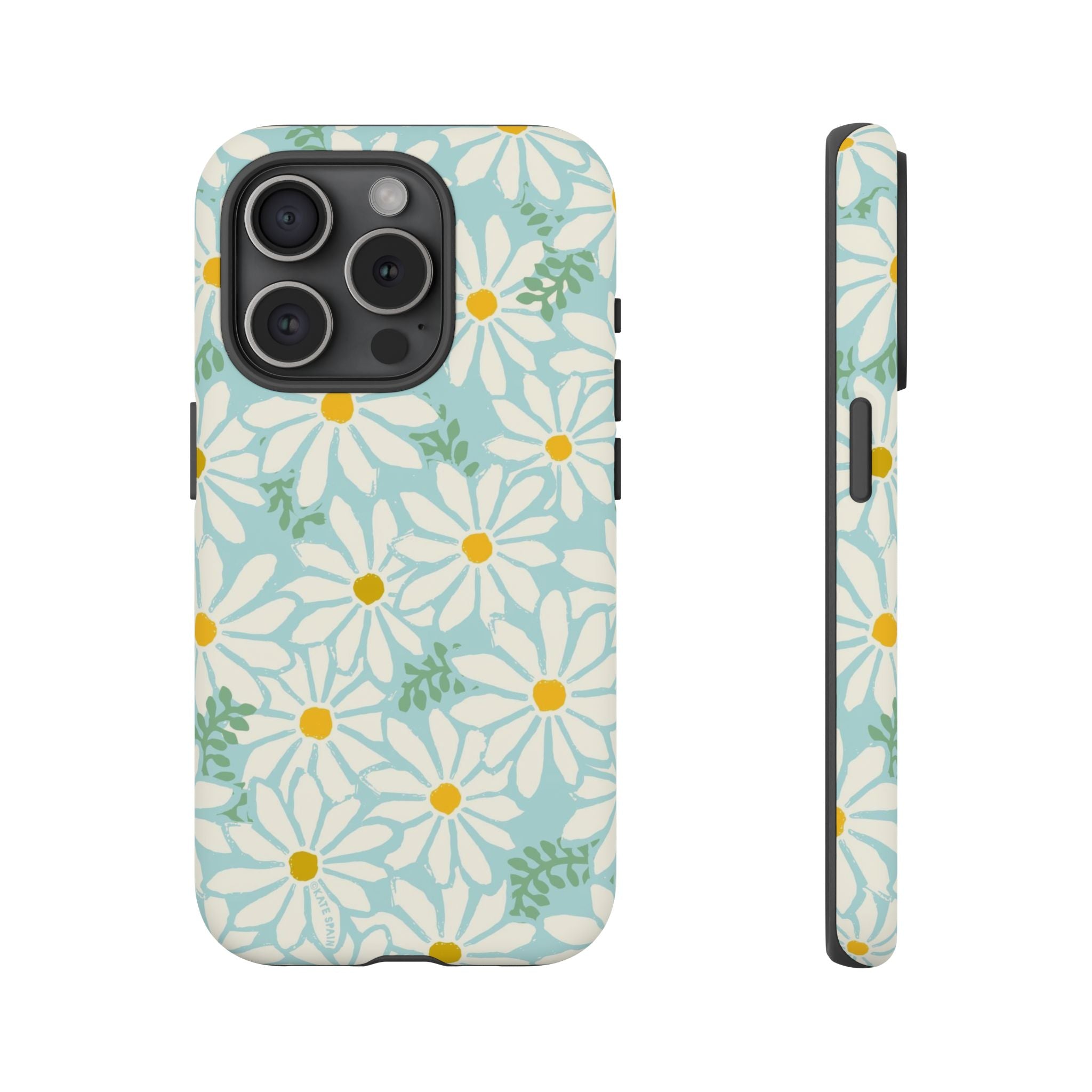 Daisies Tough iPhone 15 Pro Case – Matte | mint, white, yellow botanical daisy floral print