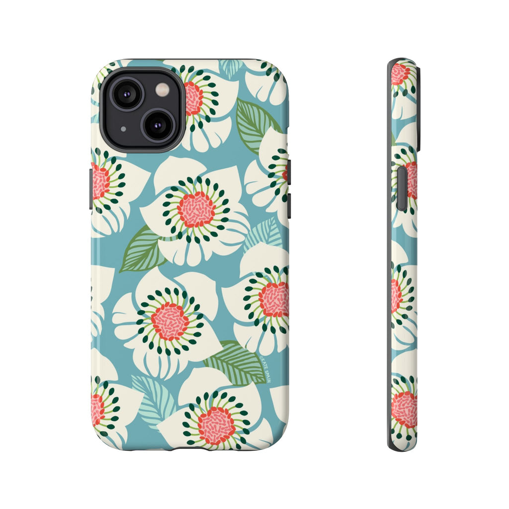 Panache Floral Tough iPhone 14 Plus Case – Glossy | sky blue, pale cream, pink anemone floral print