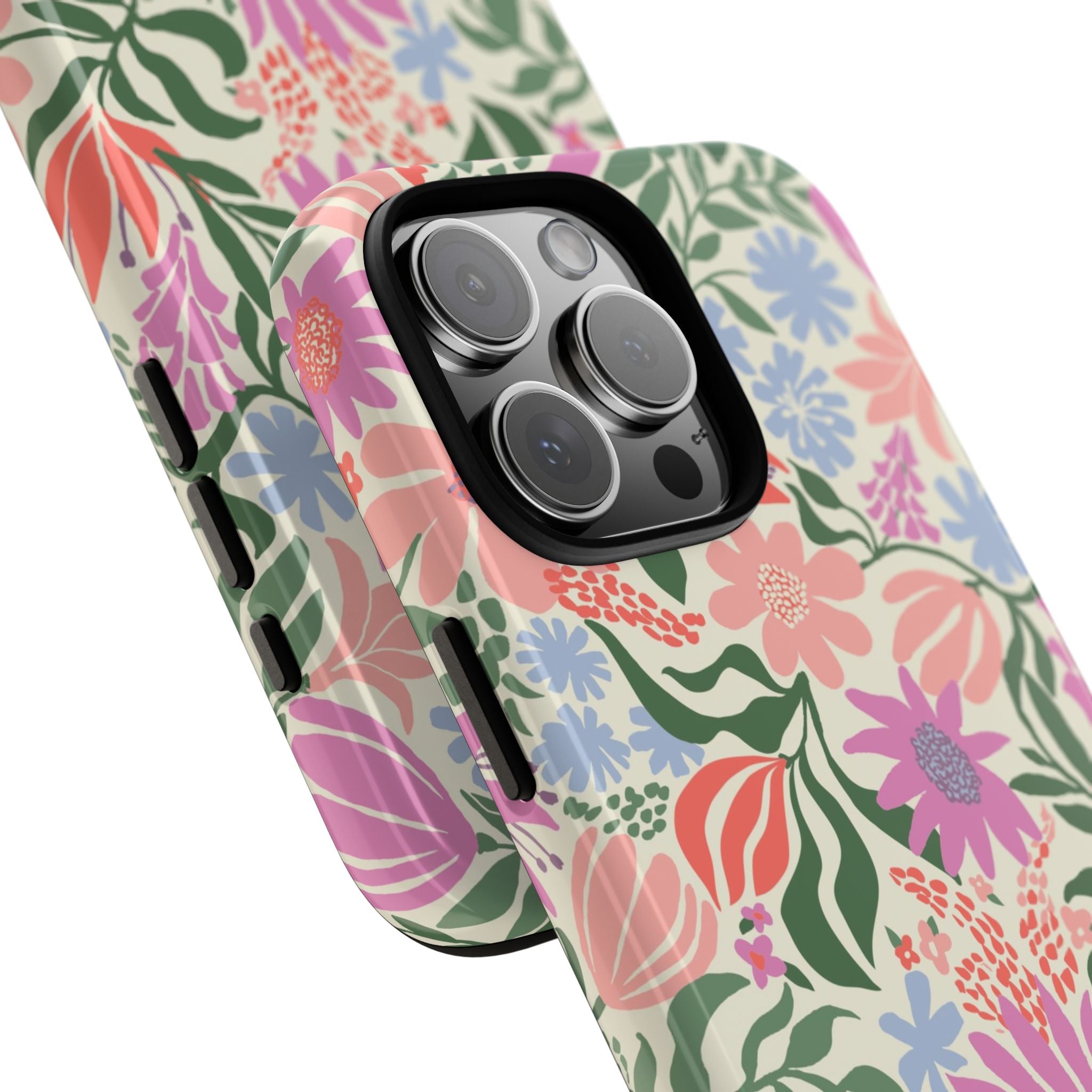 Botanica Pastel Tough iPhone 16 Pro Max Case – lifestyle angled shot | blush, lavender, sage pastel botanical wildflower print