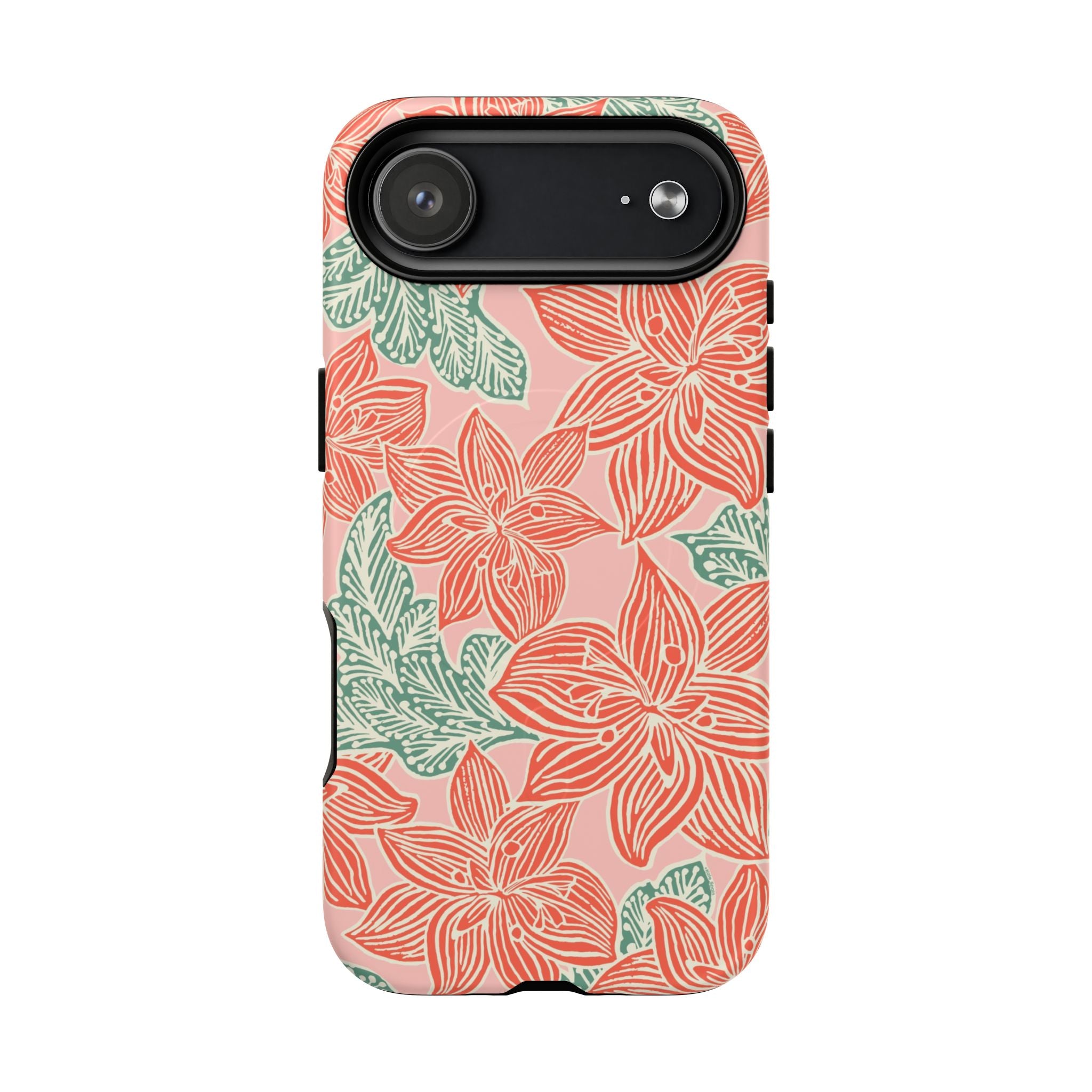 Hibiscus Coral MagSafe iPhone 17 Air Matte Case — blush pink hard case with large-scale coral red hibiscus flowers and teal-green leaves in a bold botanical linework print, densely layered across the surface