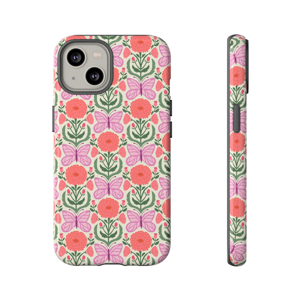 Pink Butterfly Tough iPhone 14 Case – Glossy | pink, coral, green, cream butterfly floral print