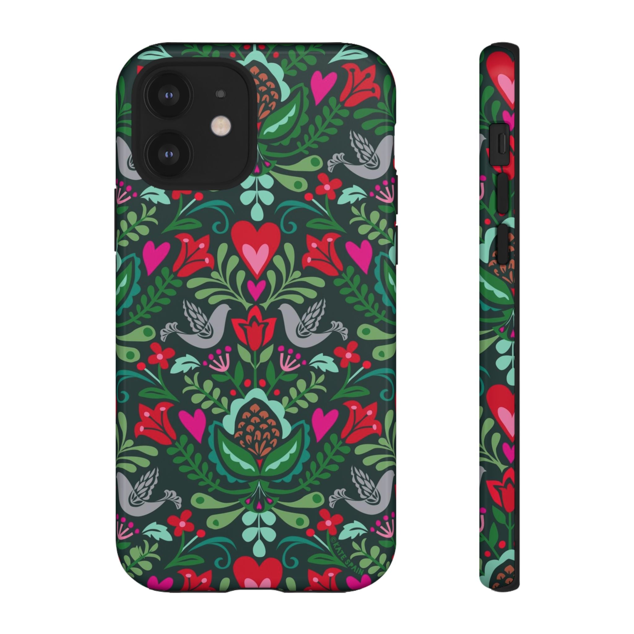 Rosemaling Tough iPhone 12 Case – Glossy | dark green, red, pink, gray folk art floral bird print