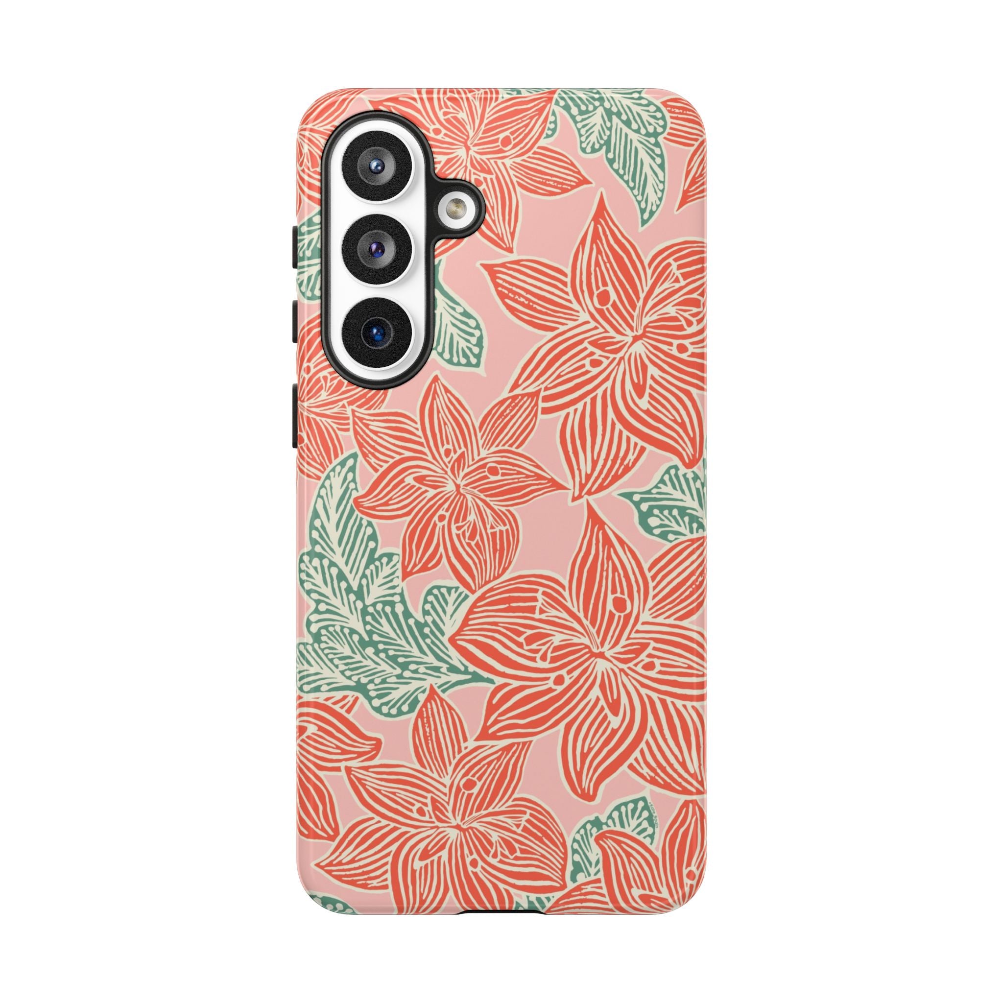 Hibiscus Coral Samsung Galaxy S26 Plus Glossy Case — blush pink hard case with large-scale coral red hibiscus flowers and teal-green leaves in a bold botanical linework print, densely layered across the surface
