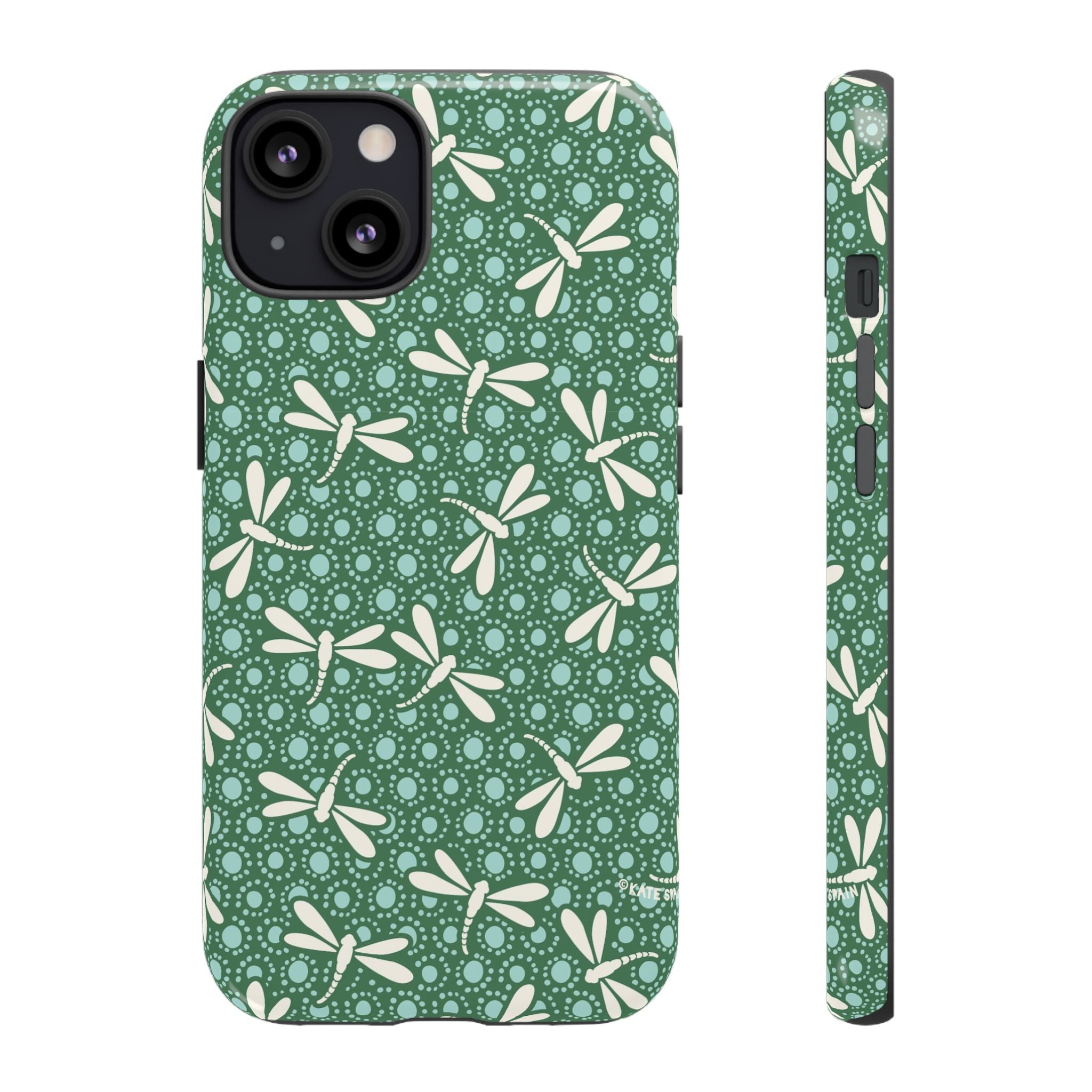 Designer Dragonfly Tough iPhone 13 Case – Glossy | jade green, aqua, cream dragonfly print