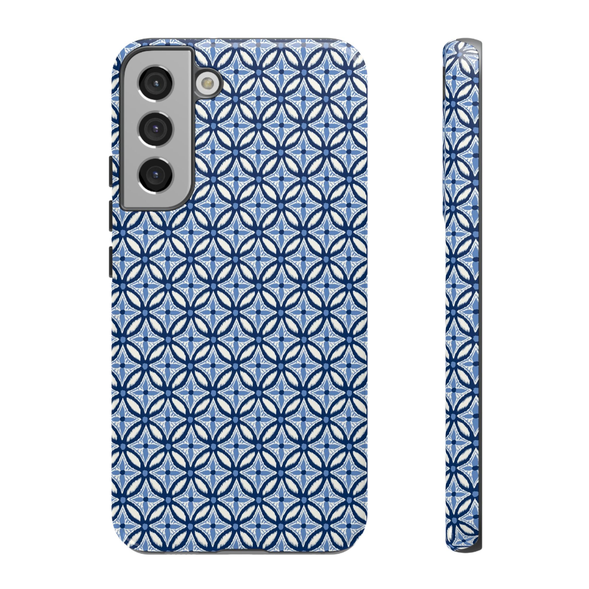Light blue Samsung Galaxy case with navy and periwinkle ikat geometric pattern — botanical phone case by Kate Spain for Floriori
