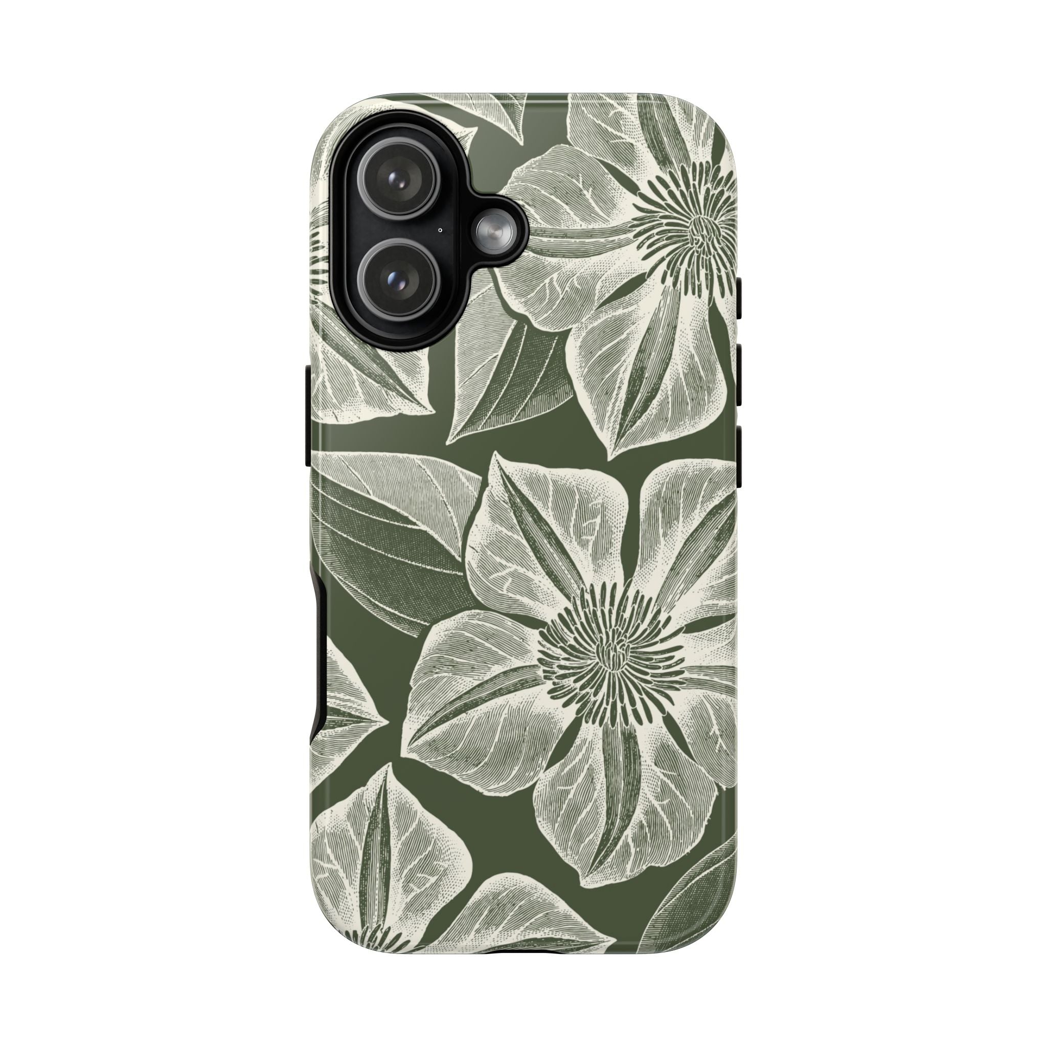 Vintage Bloom Cypress iPhone 17 case – Glossy | cypress green ground, large-scale white clematis print, engraved petal detail, dual-layer protection