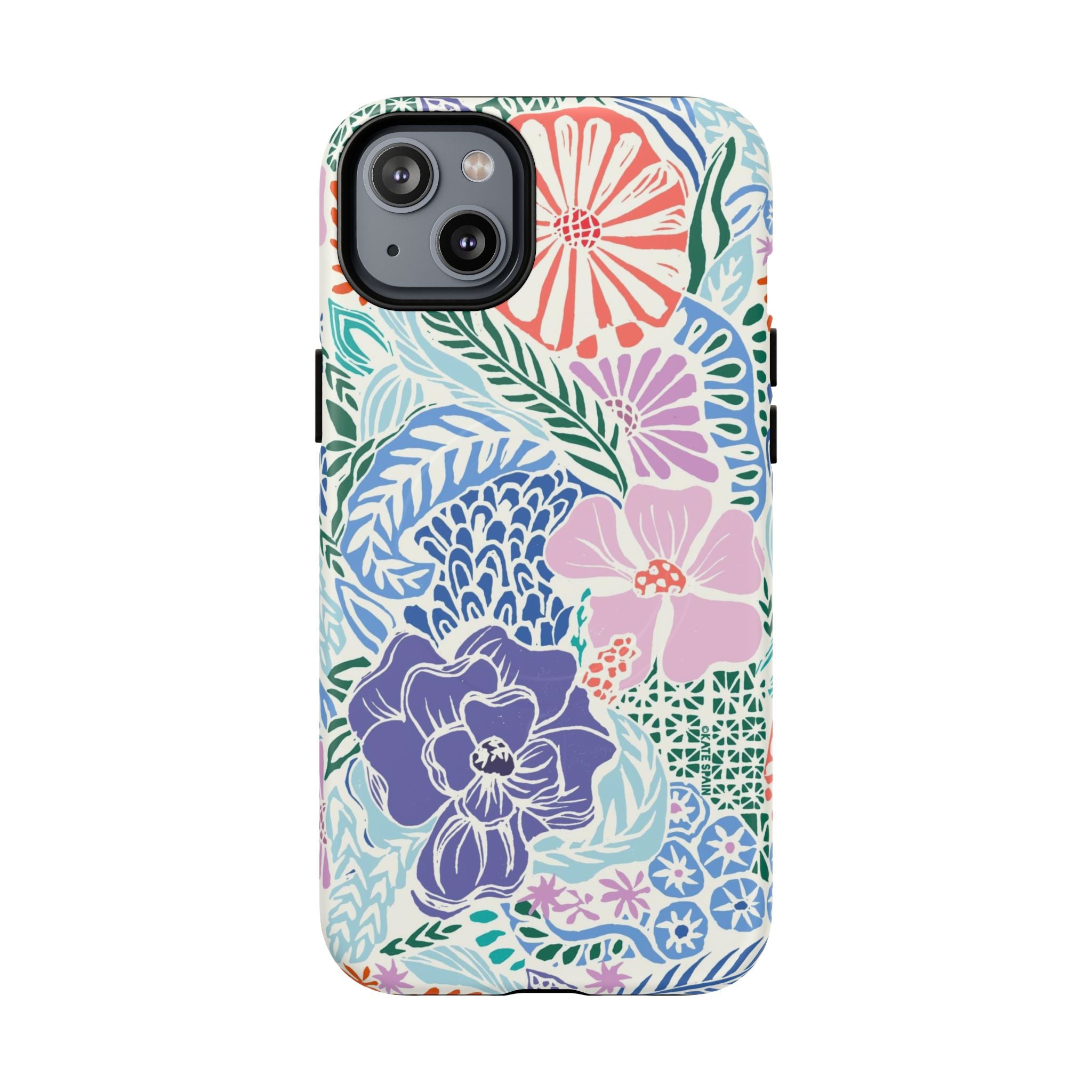 Tropica MagSafe iPhone 14 Plus Case – Matte | purple, coral, pink, blue botanical tropical floral print