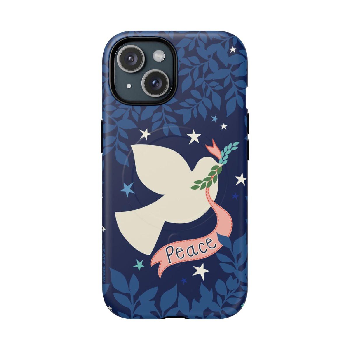 Peace MagSafe iPhone 15 Case – Matte | navy, cream peace dove, stars, botanical print