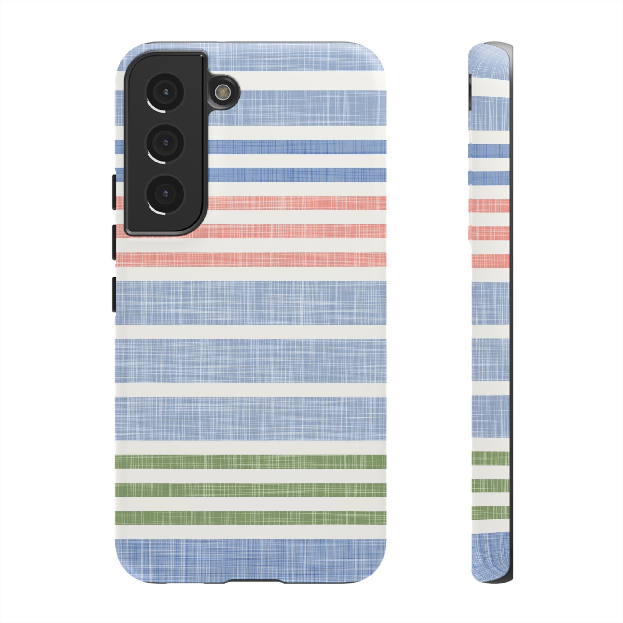 Cabana Stripe Pastel Samsung Galaxy S22 Case – Matte | soft blue, coral, sage green chambray-textured stripe print dual-layer protection