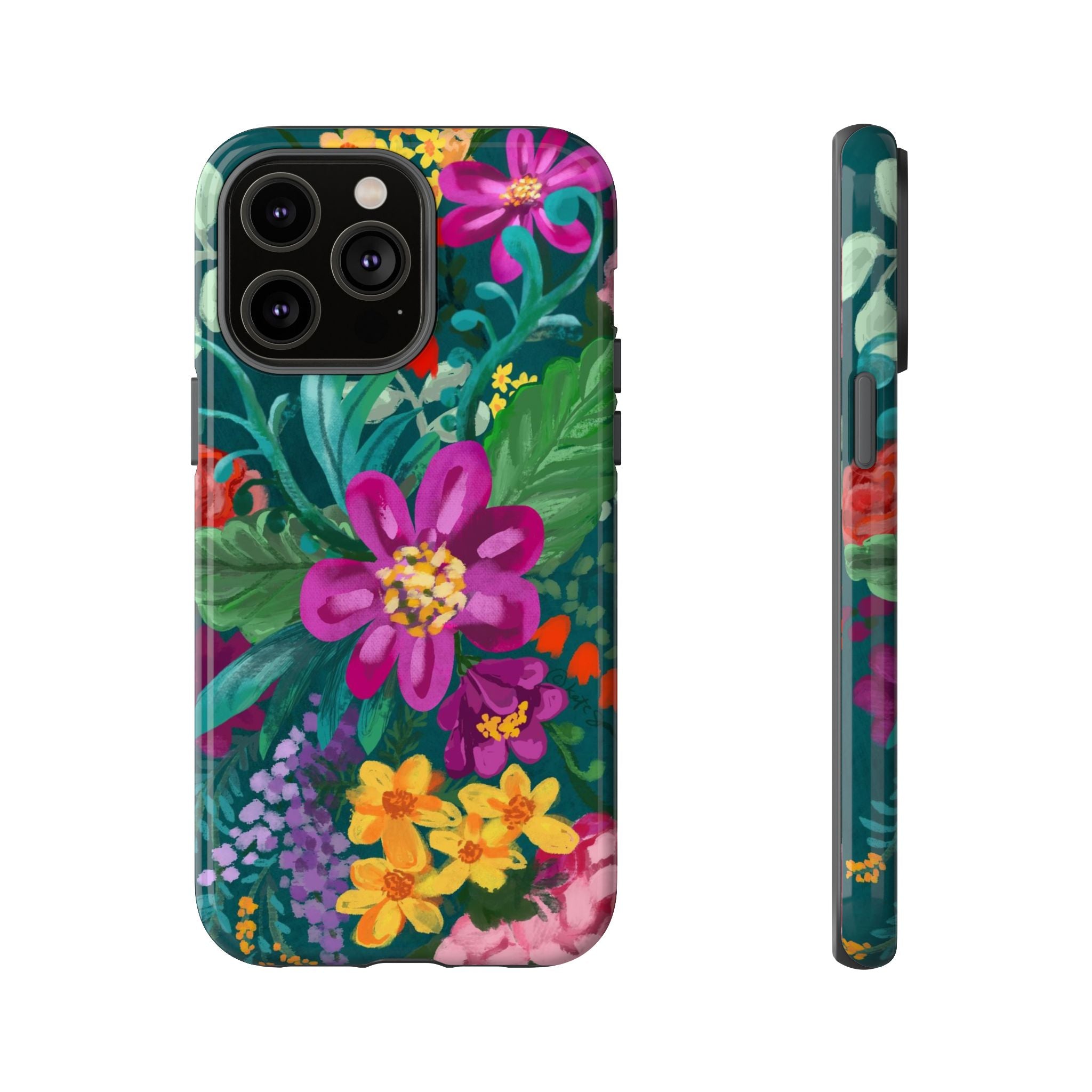Posy Tough iPhone 14 Pro Max Case – Glossy | teal, purple, magenta, yellow botanical wildflower print