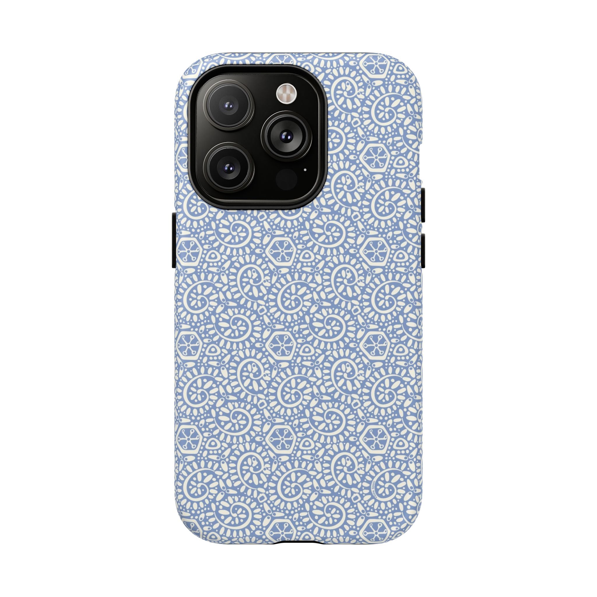 Canto Swirls Mist MagSafe iPhone 14 Pro Matte Case — periwinkle blue hard case covered in an intricate folk-art medallion pattern of radiating white circular motifs, dot clusters, and geometric centers