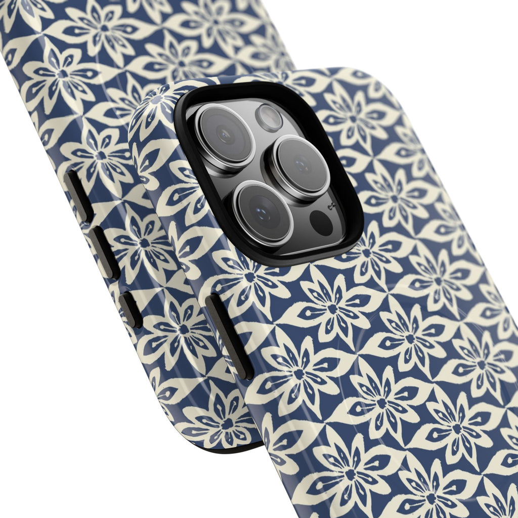 Lily Navy MagSafe iPhone 17 Case – Glossy | dual-layer construction detail showing case and inner lining with camera cutout and buttons — botanical MagSafe case by Kate Spain