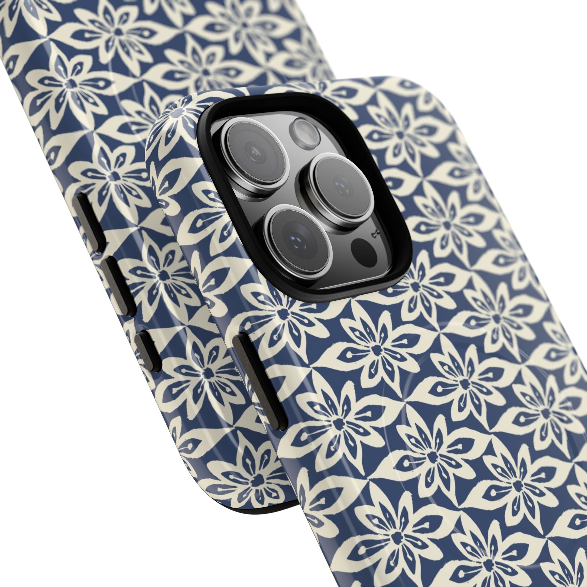 Lily Navy MagSafe iPhone 17 Case – Glossy | dual-layer construction detail showing case and inner lining with camera cutout and buttons — botanical MagSafe case by Kate Spain