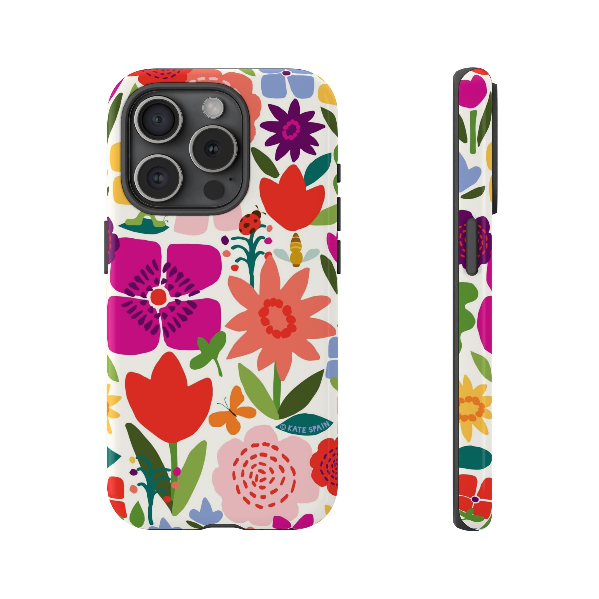 Happy Blooms Tough iPhone 15 Pro Case – Glossy | cream, red, magenta, coral botanical floral print
