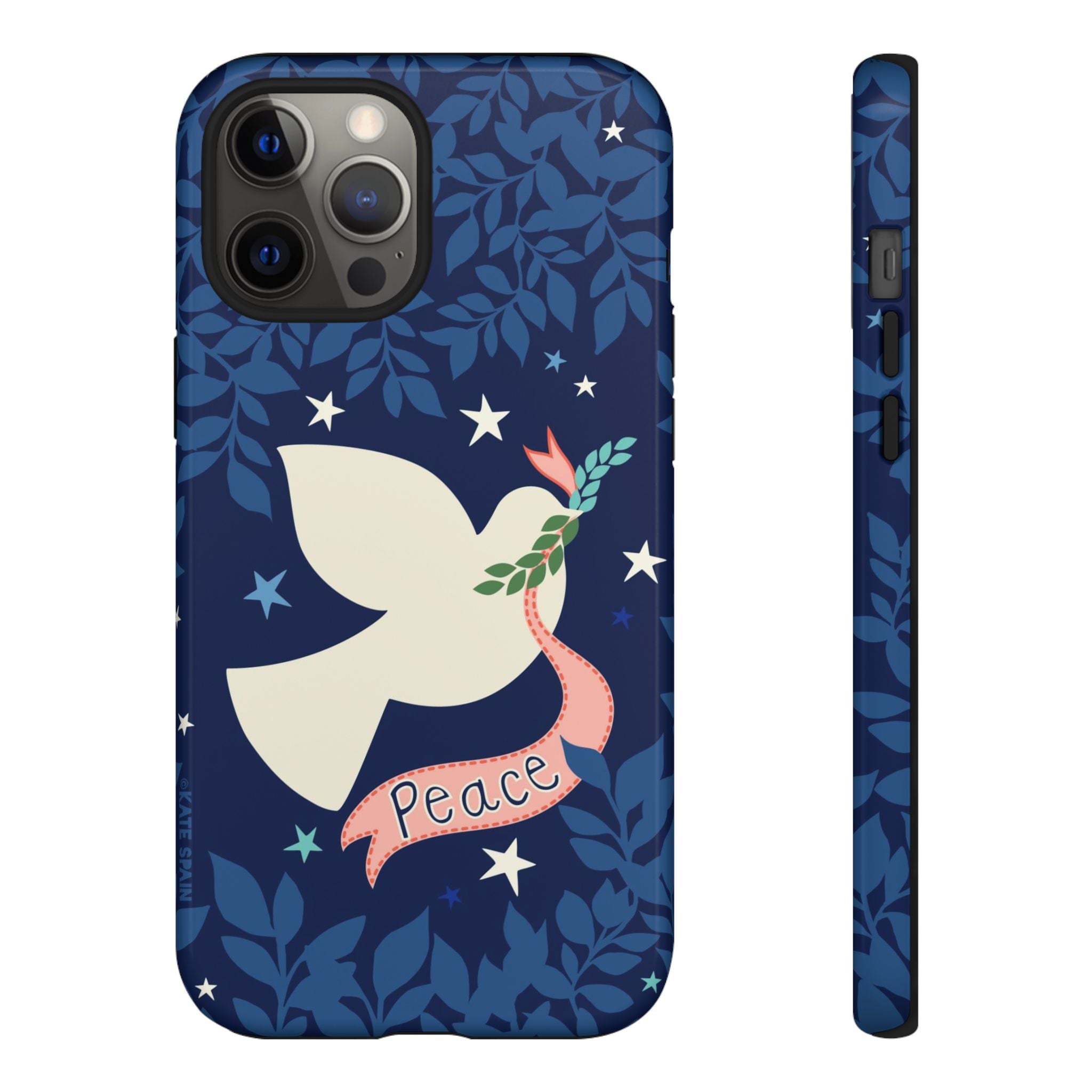 Peace Tough iPhone 12 Pro Max Case – Glossy | navy, cream peace dove, stars, botanical print