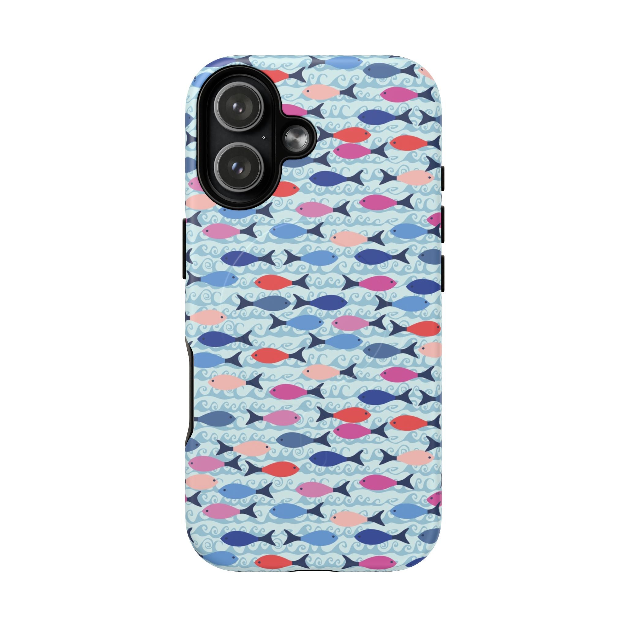 Summer Minnows MagSafe iPhone 17 Case – Matte | navy, coral, pink, and periwinkle fish on a pale aqua ground