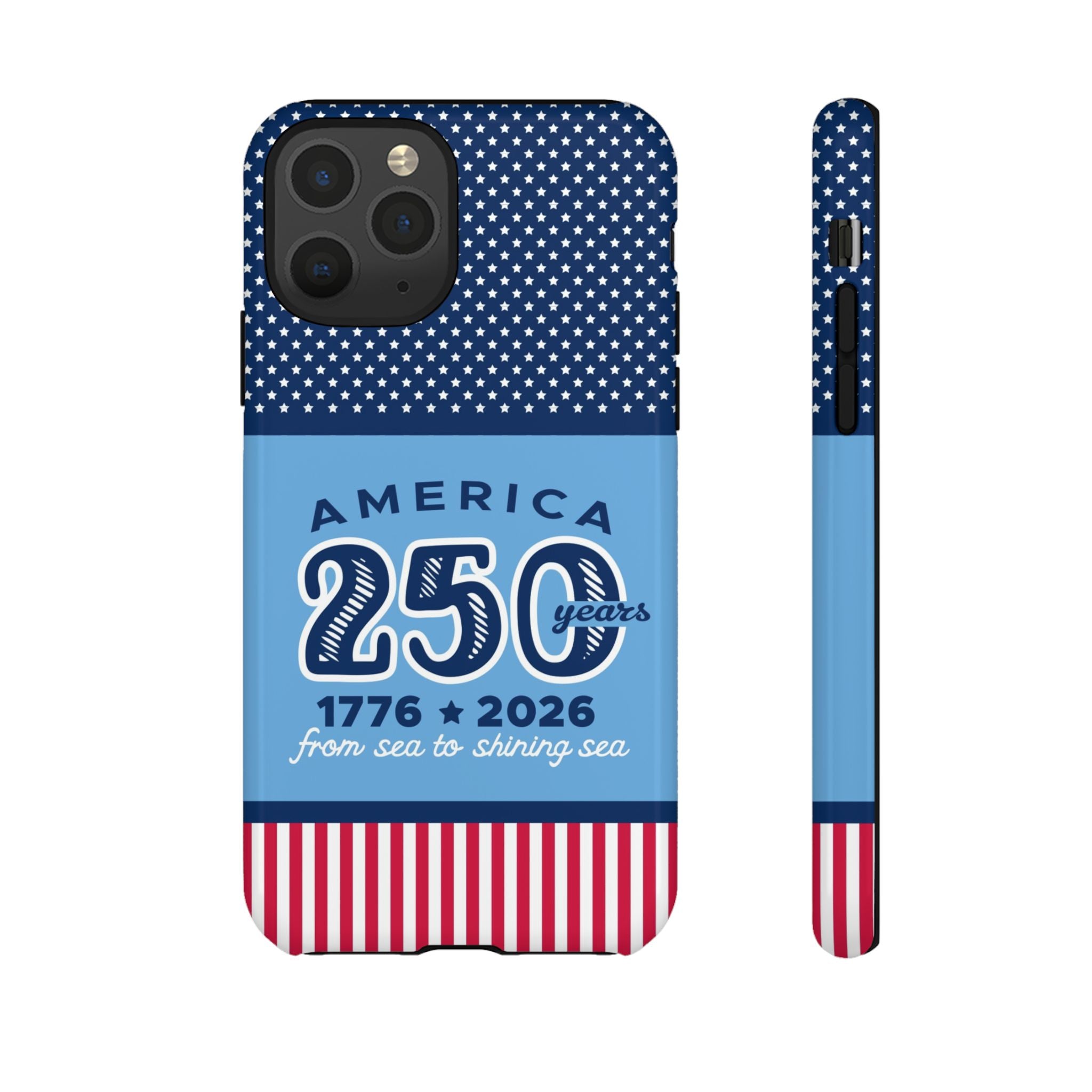 Sea to Shining Sea Tough iPhone 11 Pro Case – Glossy | navy, sky blue, red, white American stars & stripes 250th anniversary print