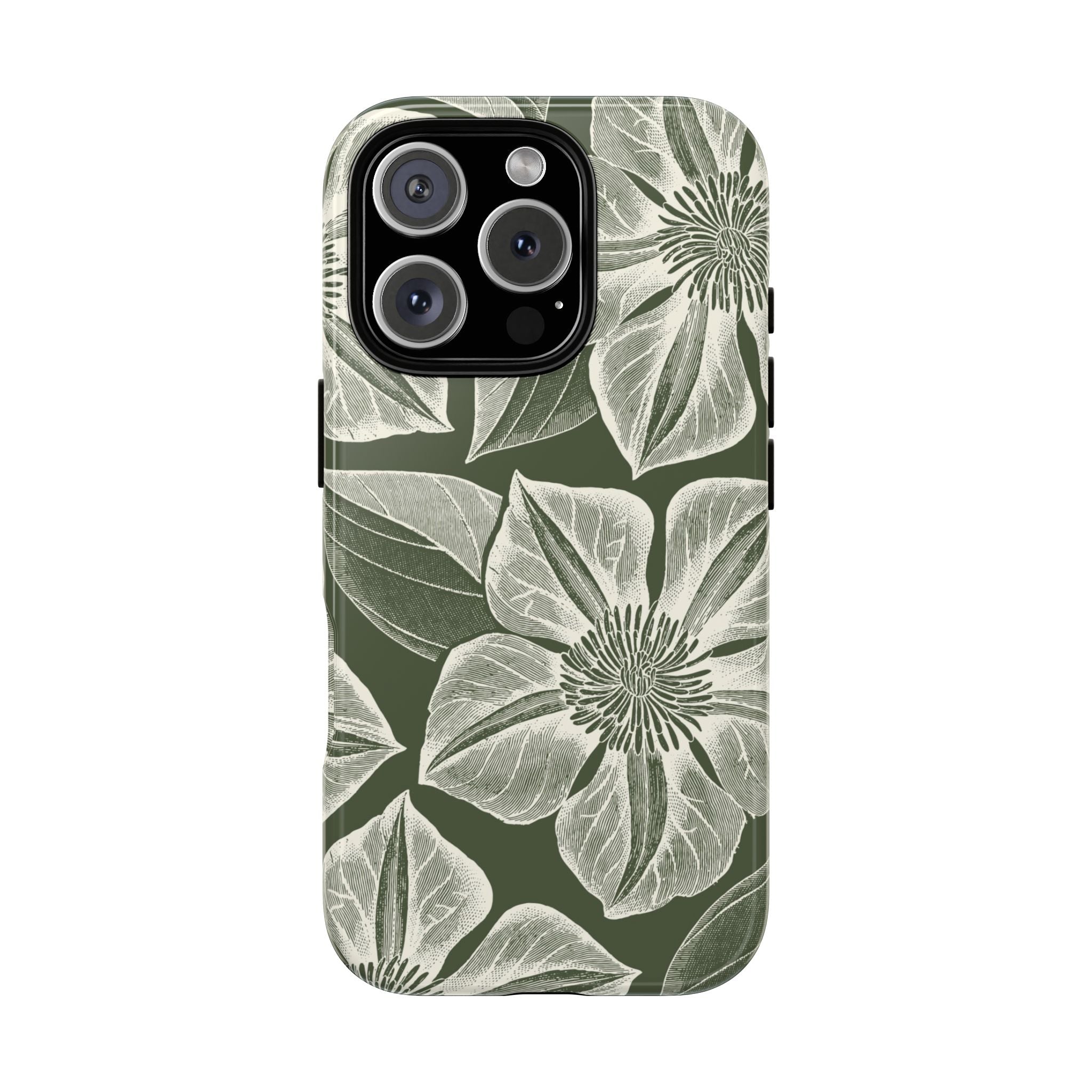 Vintage Bloom Cypress iPhone 16 Pro case – Glossy | cypress green ground, large-scale white clematis print, engraved petal detail, dual-layer protection