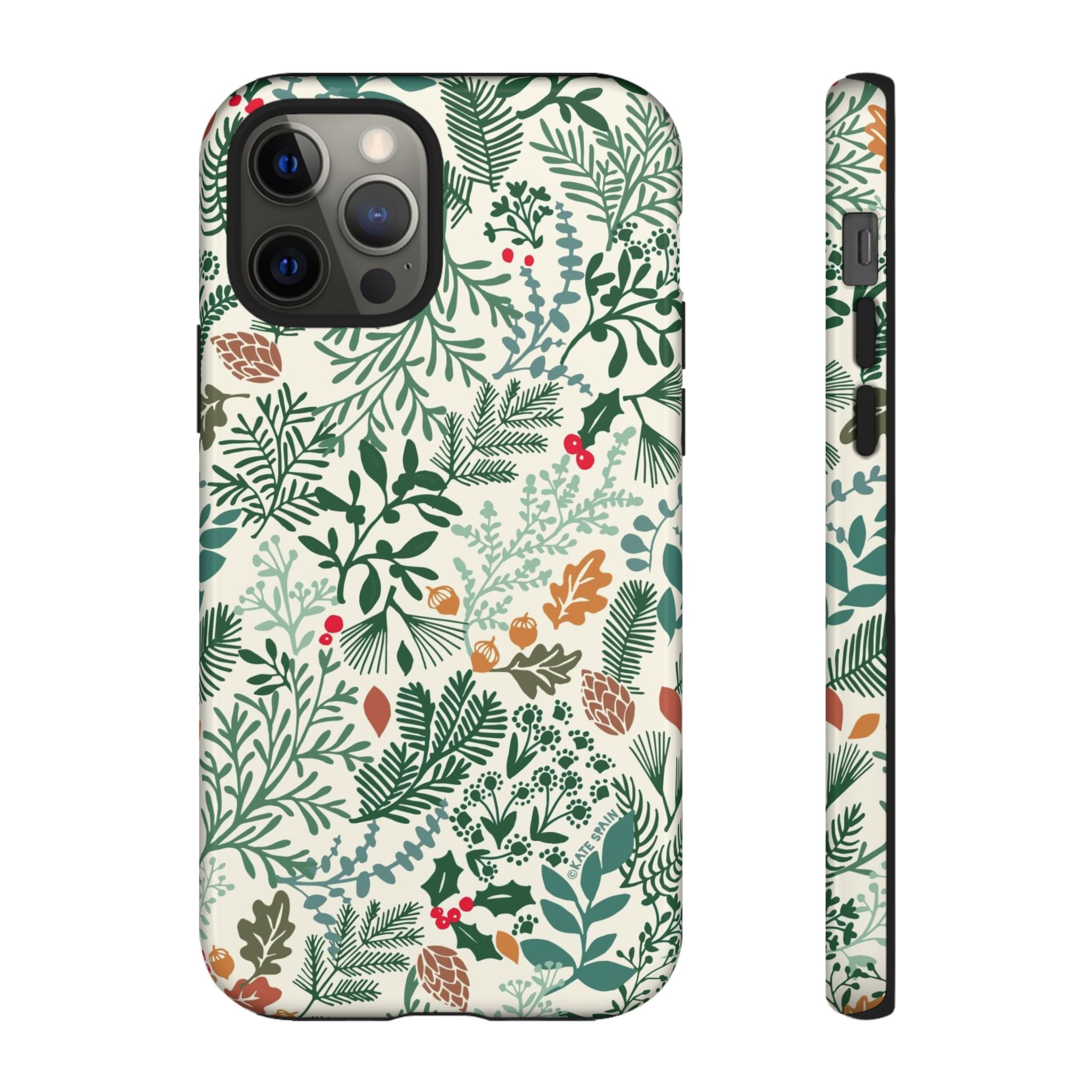 Juniper Tough iPhone 12 Pro Case – Glossy | cream, green, red botanical woodland print