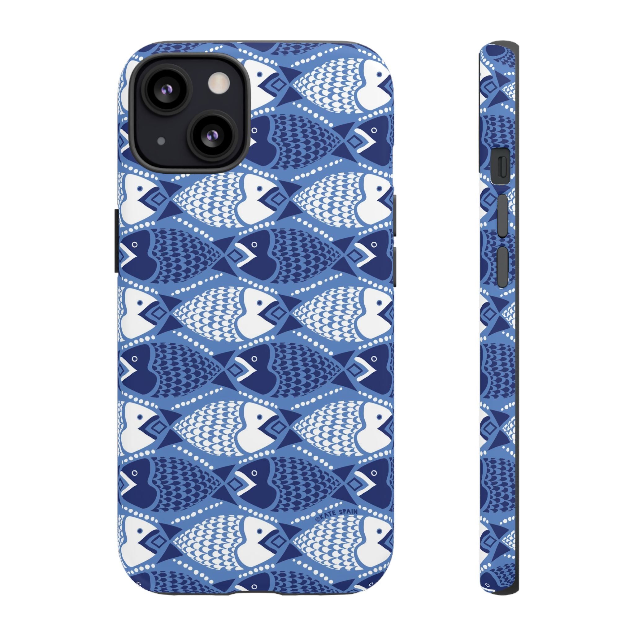 Catch of the Day Tough iPhone 13 Case – Glossy | navy, blue, white geometric fish print