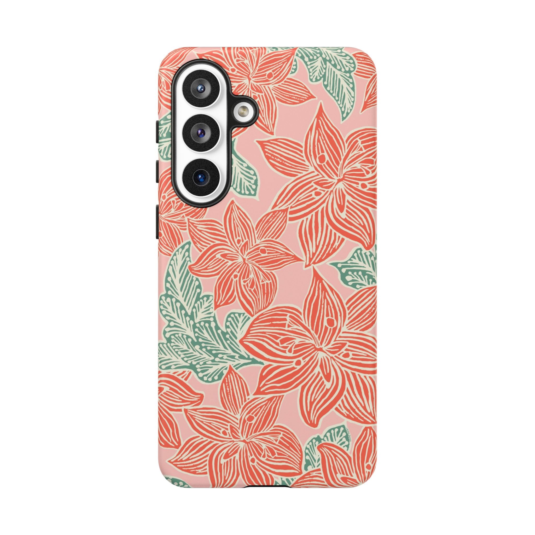 Hibiscus Coral Samsung Galaxy S26 Plus Matte Case — blush pink hard case with large-scale coral red hibiscus flowers and teal-green leaves in a bold botanical linework print, densely layered across the surface