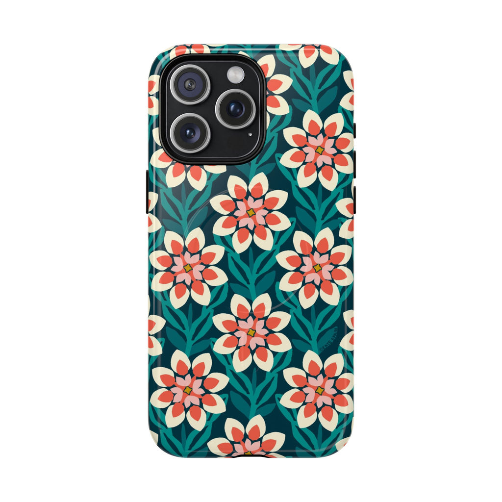 Modern Dahlia MagSafe iPhone 15 Pro Max Case – Glossy | teal, coral, cream botanical dahlia floral print