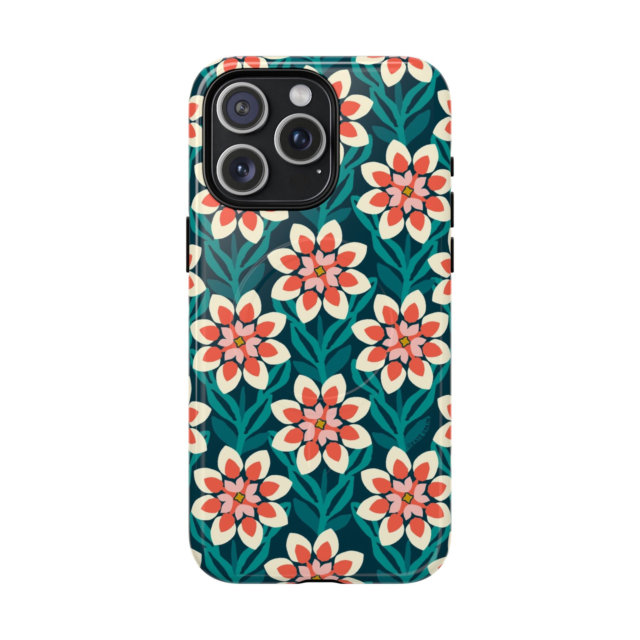 Modern Dahlia MagSafe iPhone 15 Pro Max Case – Glossy | teal, coral, cream botanical dahlia floral print